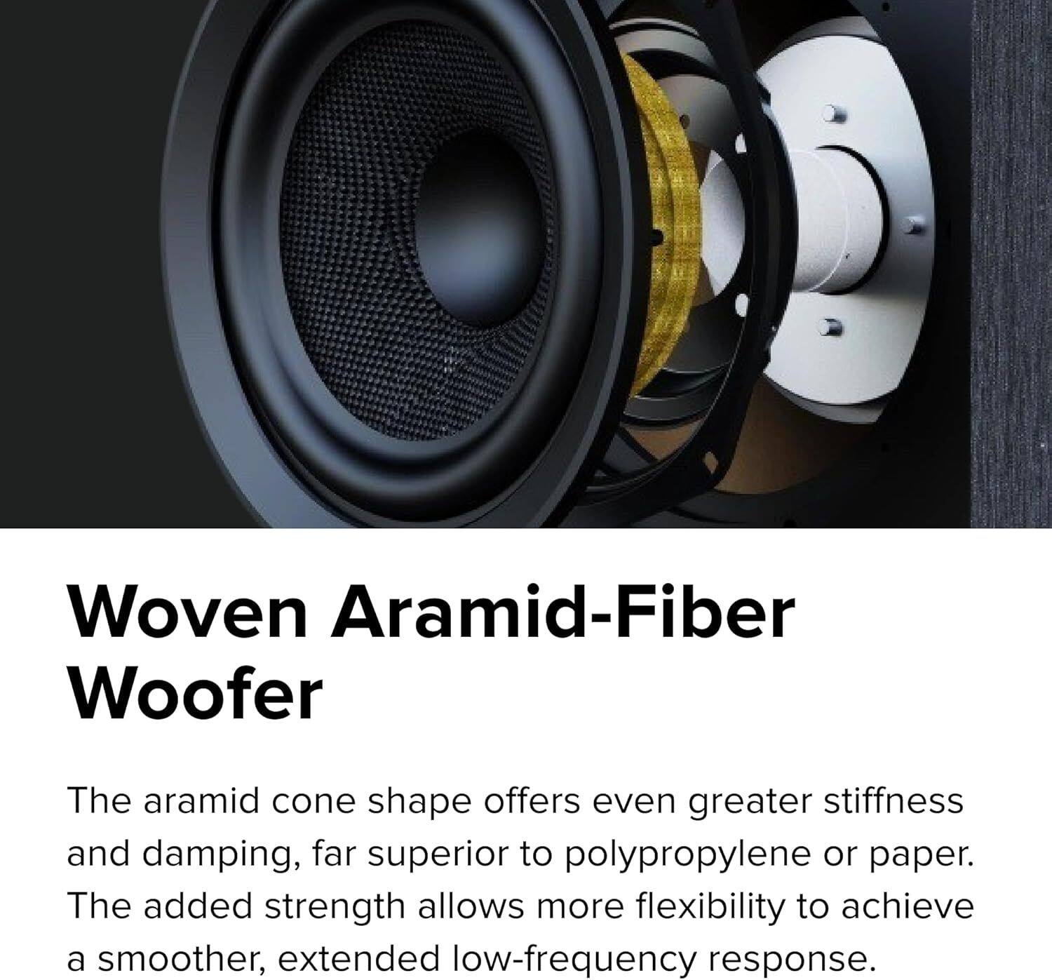 Woven Aramid-Fiber Woofer

The aramid cone shape offers even greater stiffness and damping, far superior to polypropylene or paper. The added strength allows more flexibility to achieve a smoother, extended low-frequency response.