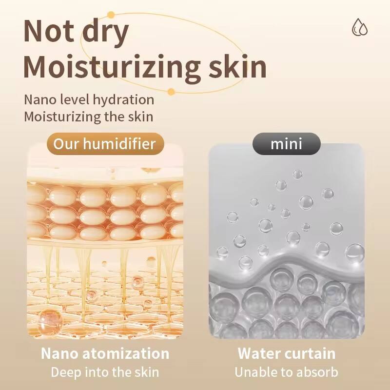 Not dry  
Moisturizing skin  

Nano level hydration  
Moisturizing the skin  

Our humidifier  

mini  

Nano atomization  
Deep into the skin  

Water curtain  
Unable to absorb