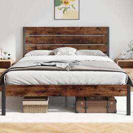 Hivvago - Queen size Modern Farmhouse Metal Platform Bed Frame with Wood Headboard - Brown