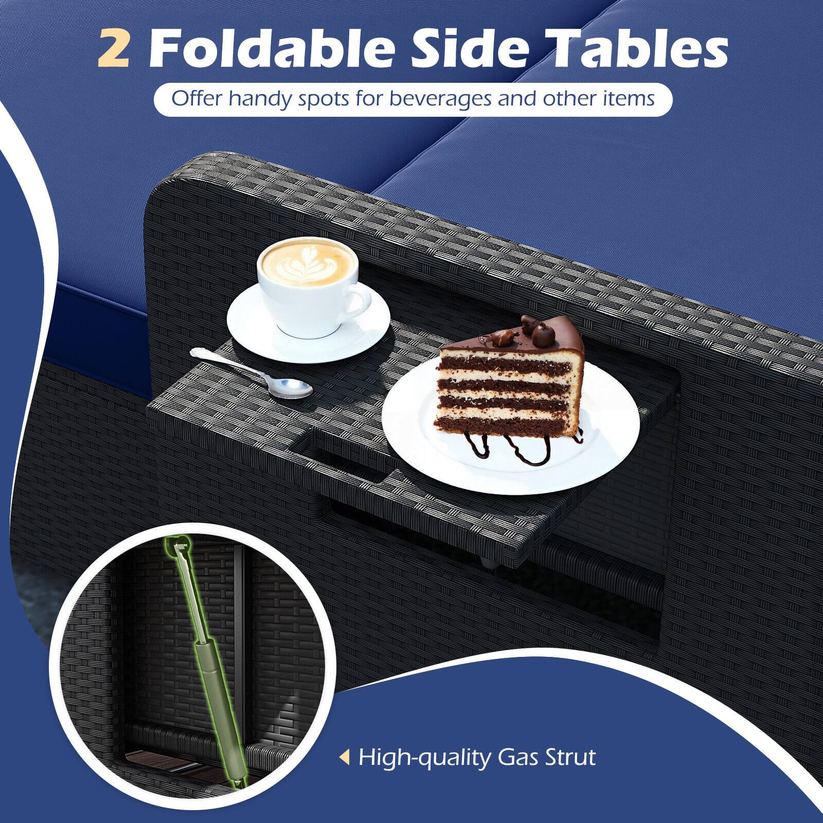 2 Foldable Side Tables  
Offer handy spots for beverages and other items  

High-quality Gas Strut