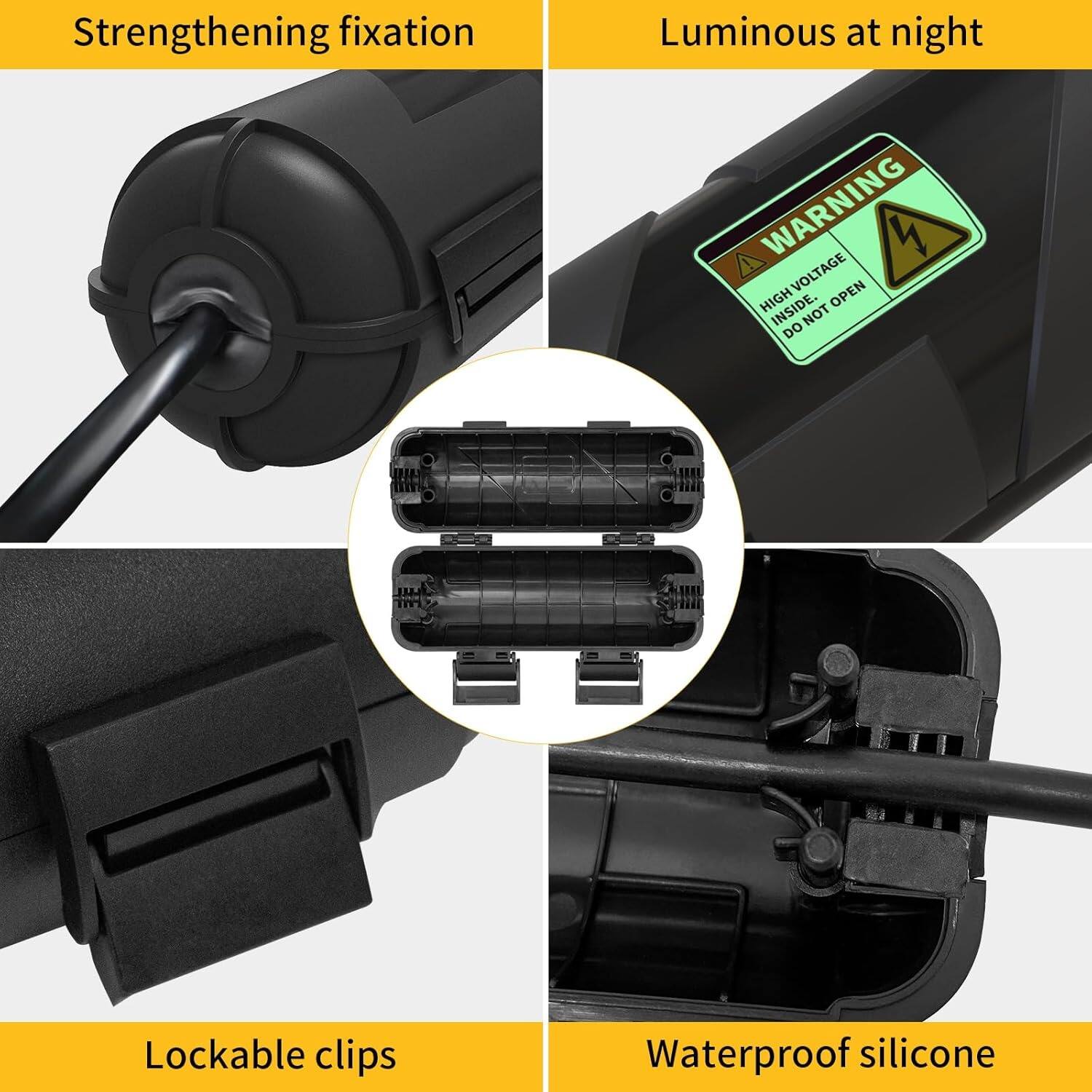 - Strengthening fixation
- Luminous at night
- Lockable clips
- Waterproof silicone
- WARNING: HIGH VOLTAGE INSIDE. DO NOT OPEN