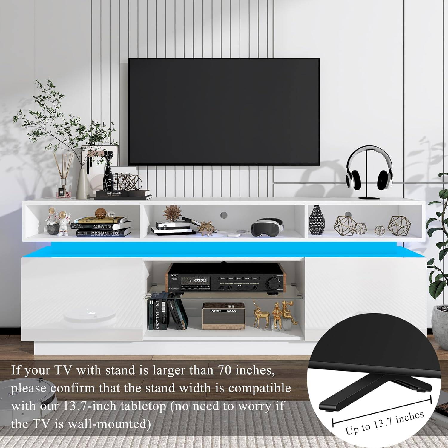 If your TV with stand is larger than 70 inches, please confirm that the stand width is compatible with our 13.7-inch tabletop (no need to worry if the TV is wall-mounted)