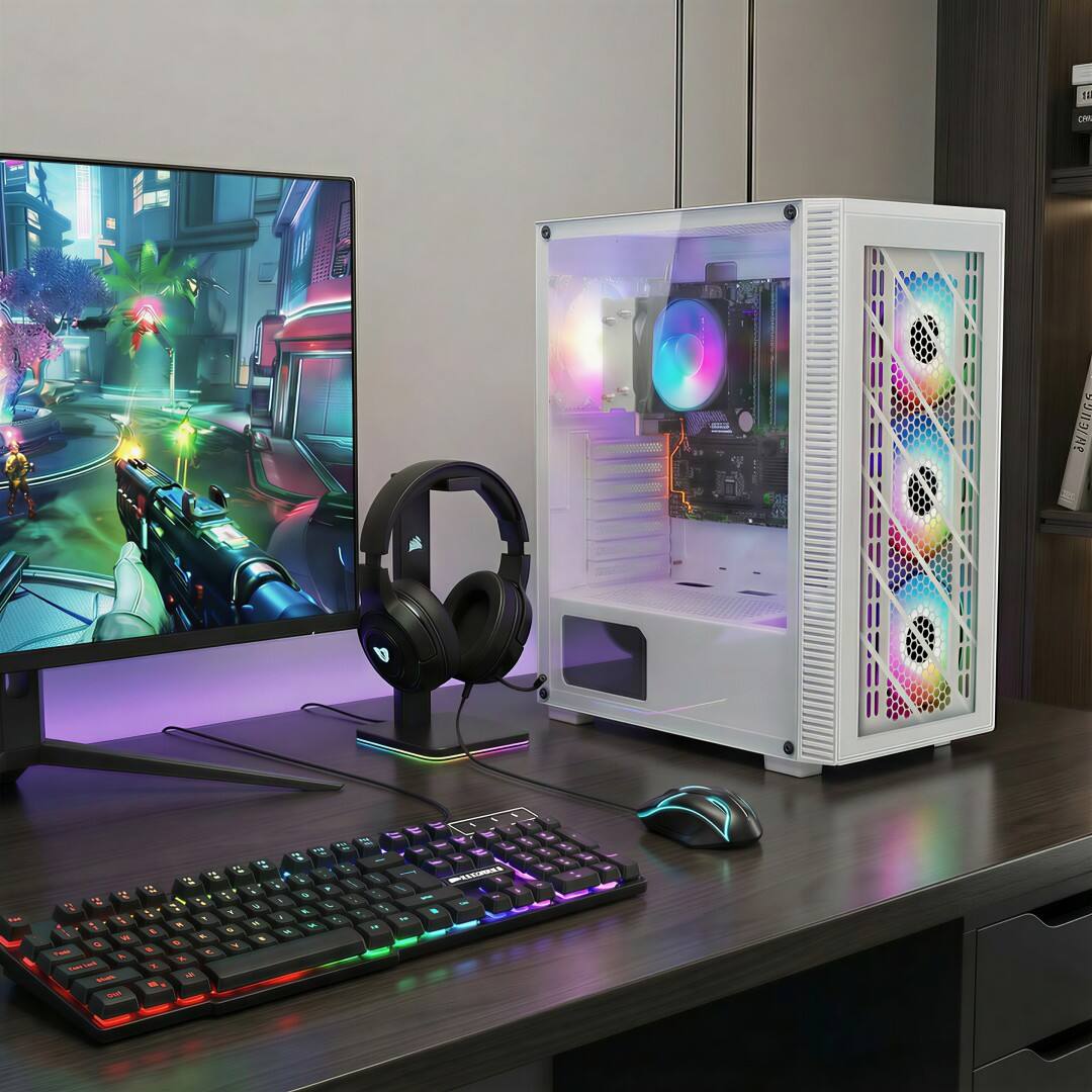 Alt View 2. STGAubron - STGAubron RGB PC Computer Desktop, AMD Ryzen 7 5700G up to 4.6Ghz, 16GB DDR4, 1TB SSD, WiFi 6 & BT 5.2, Windows 11 Home - White.