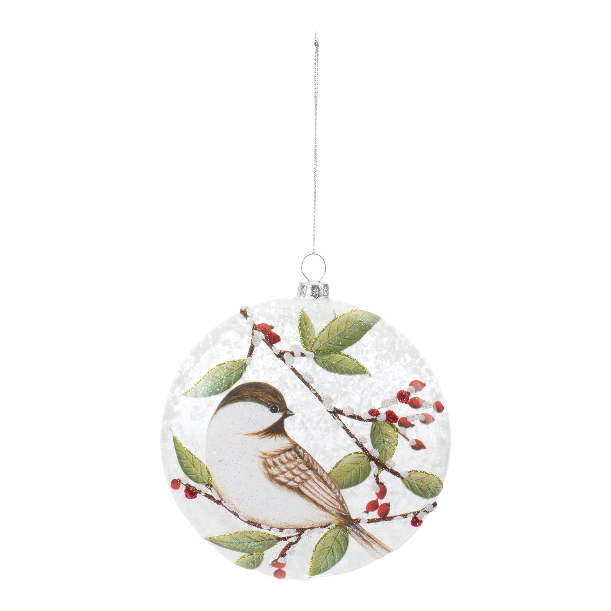 Angle. BreeBe - Glass Chickadee Bird Ball Ornament (Set of 6) - White, Green, Red.