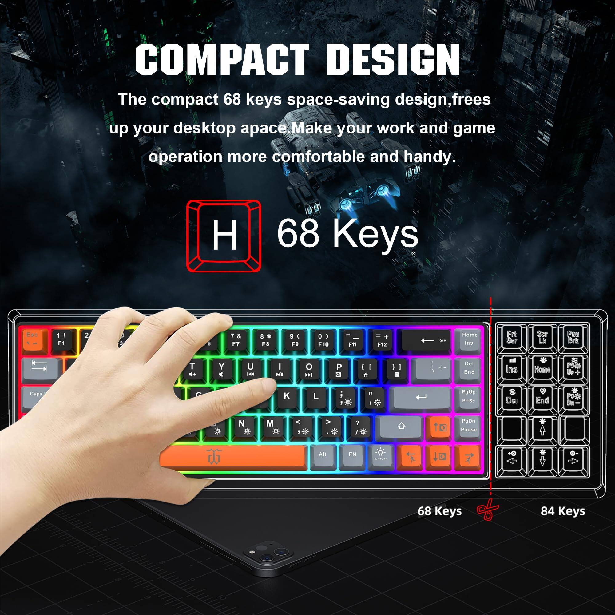 COMPACT DESIGN

The compact 68 keys space-saving design, frees up your desktop space. Make your work and game operation more comfortable and handy.

68 Keys

68 Keys

84 Keys