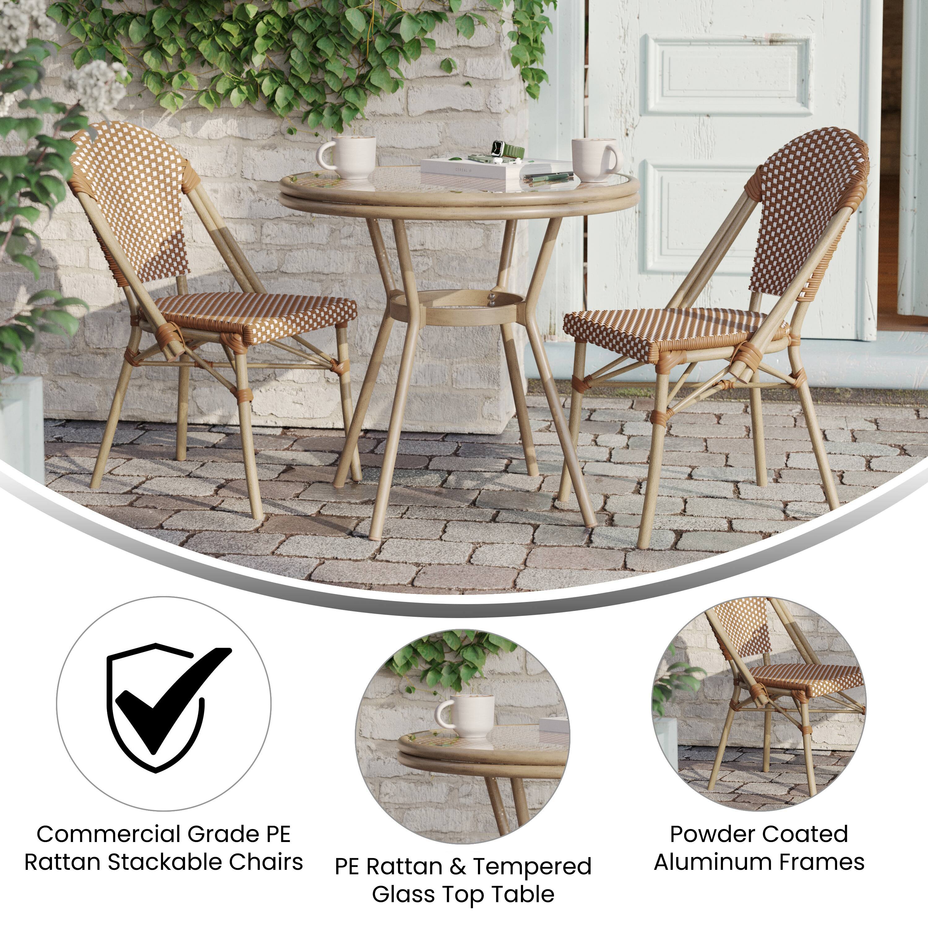 Commercial Grade PE Rattan Stackable Chairs  
Powder Coated PE Rattan & Tempered Aluminum Frames  
Glass Top Table
