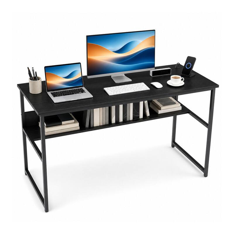 Left. WELLFOR - 55" Computer Desk with Power Outlets & Shelf, Home Office Desk Writing Desk with Adjustable Foot Pads - Black.