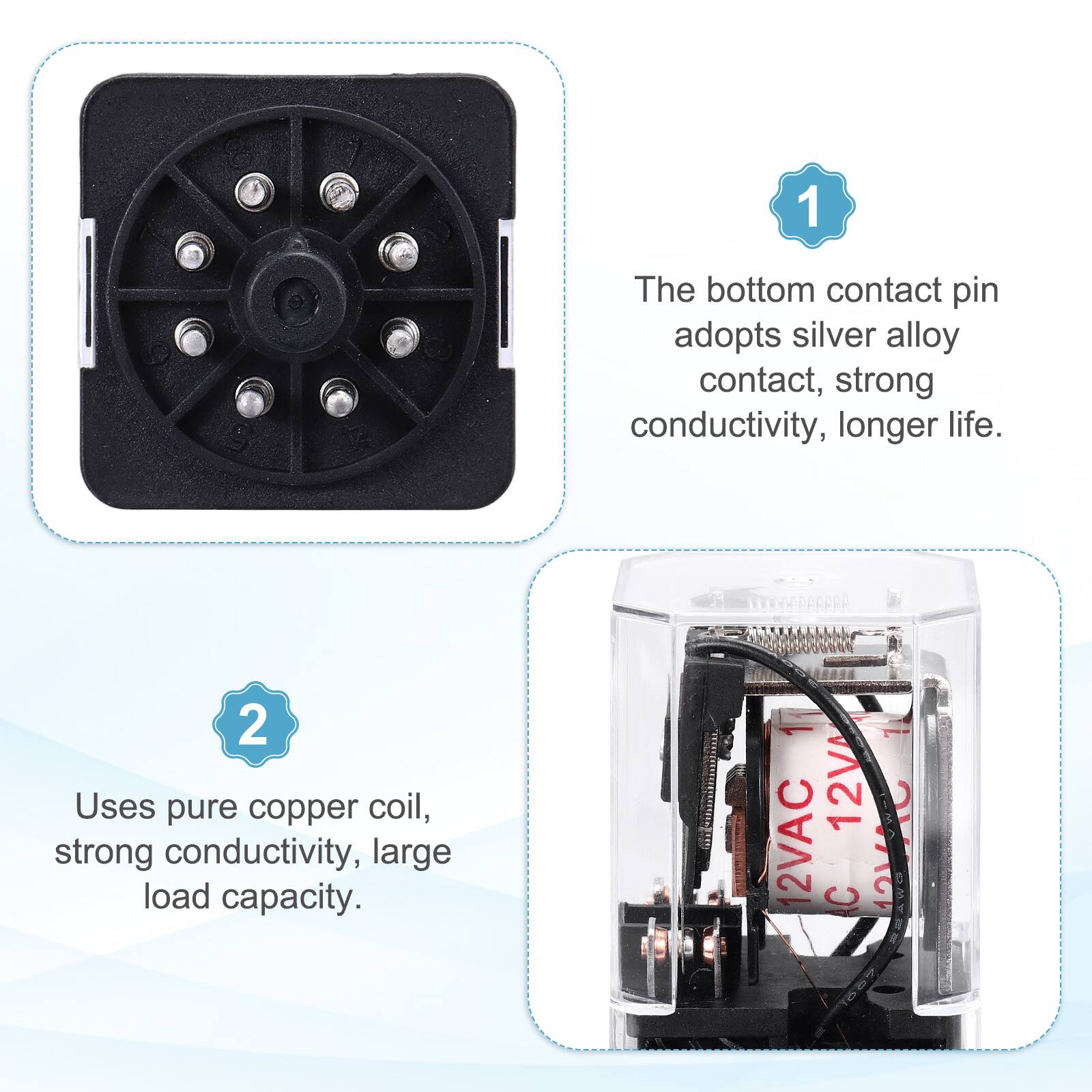 1. The bottom contact pin adopts silver alloy contact, strong conductivity, longer life.
2. Uses pure copper coil, strong conductivity, large load capacity.
12V 12VAC