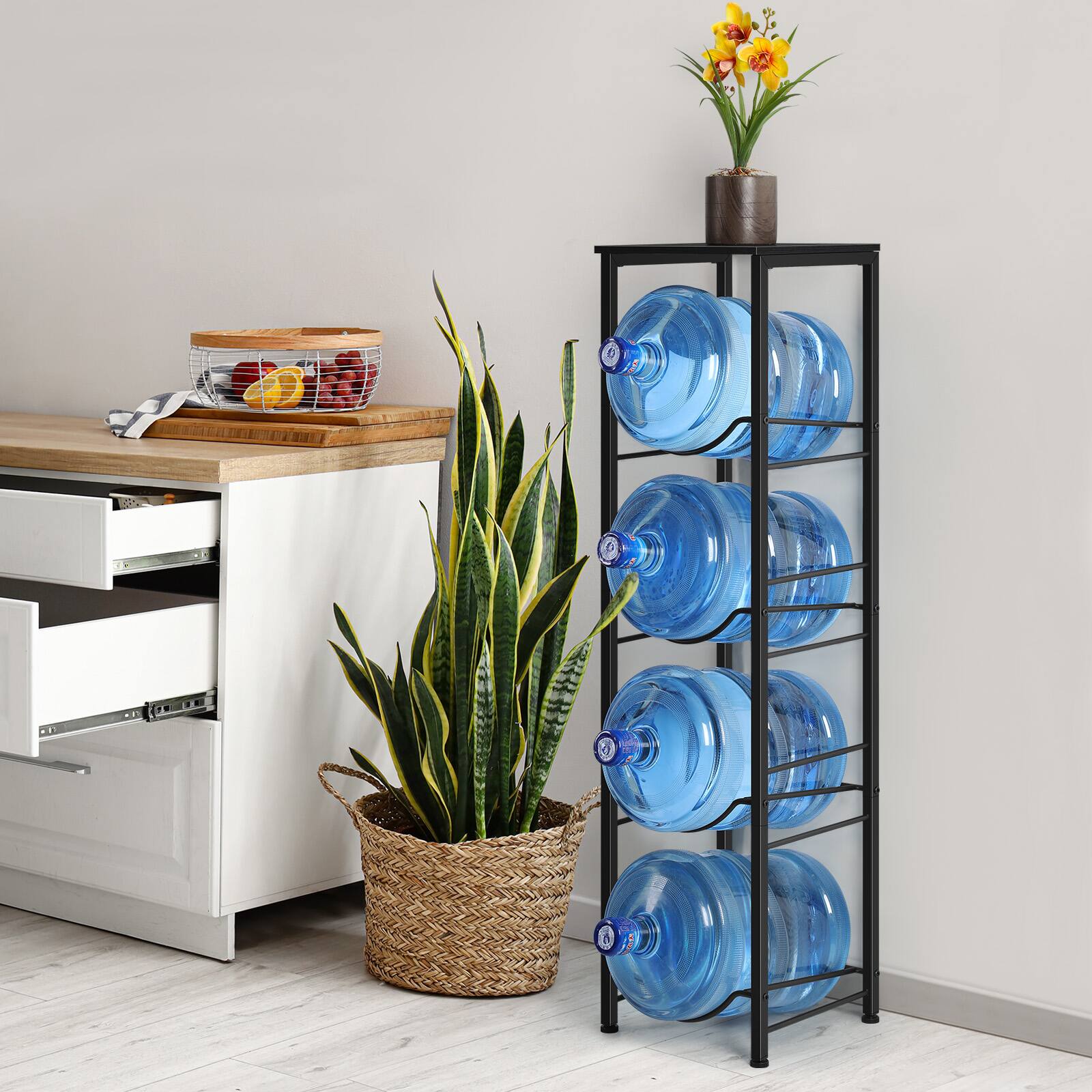 Alt View 1. Oumilen - 4-Tier Water Jug Storage, Matte Black Square Tube 5 Gallon Water Bottle Holder for Home & Office - Black.