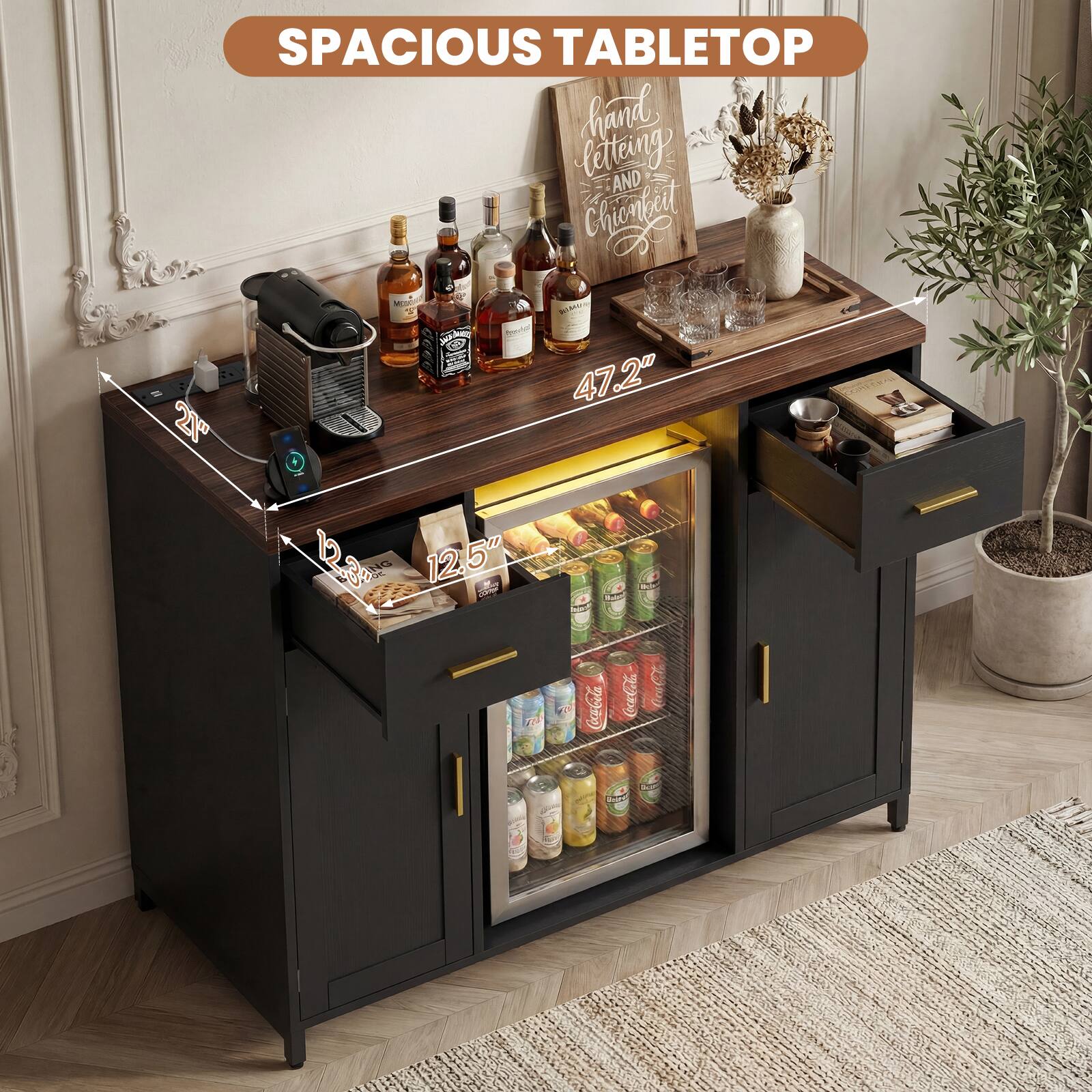 SPACIOUS TABLETOP  
hand lettering AND Chinoiserie  
47.2" W x 21.2" D x 12.5" H  
Coca-Cola