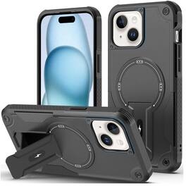 Kitcheniva - Magnetic Circle Rugged Grip Kickstand Phone Case With 2 Tempered Glass For iPhone 15 - Black