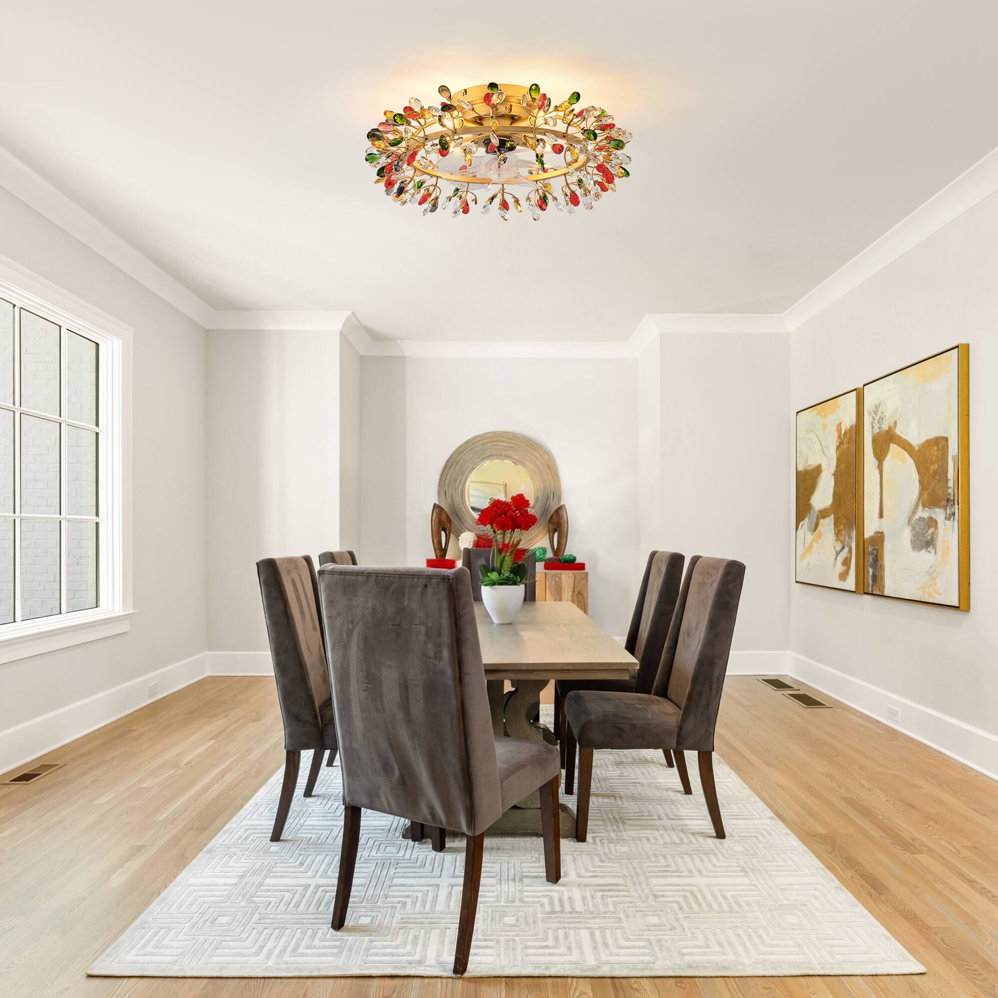 Left. Parrot Uncle - Modern American Colourful Crystal Flush Mount Chandelier Ceiling Fan with Remote and Retractable Blades - Gold.