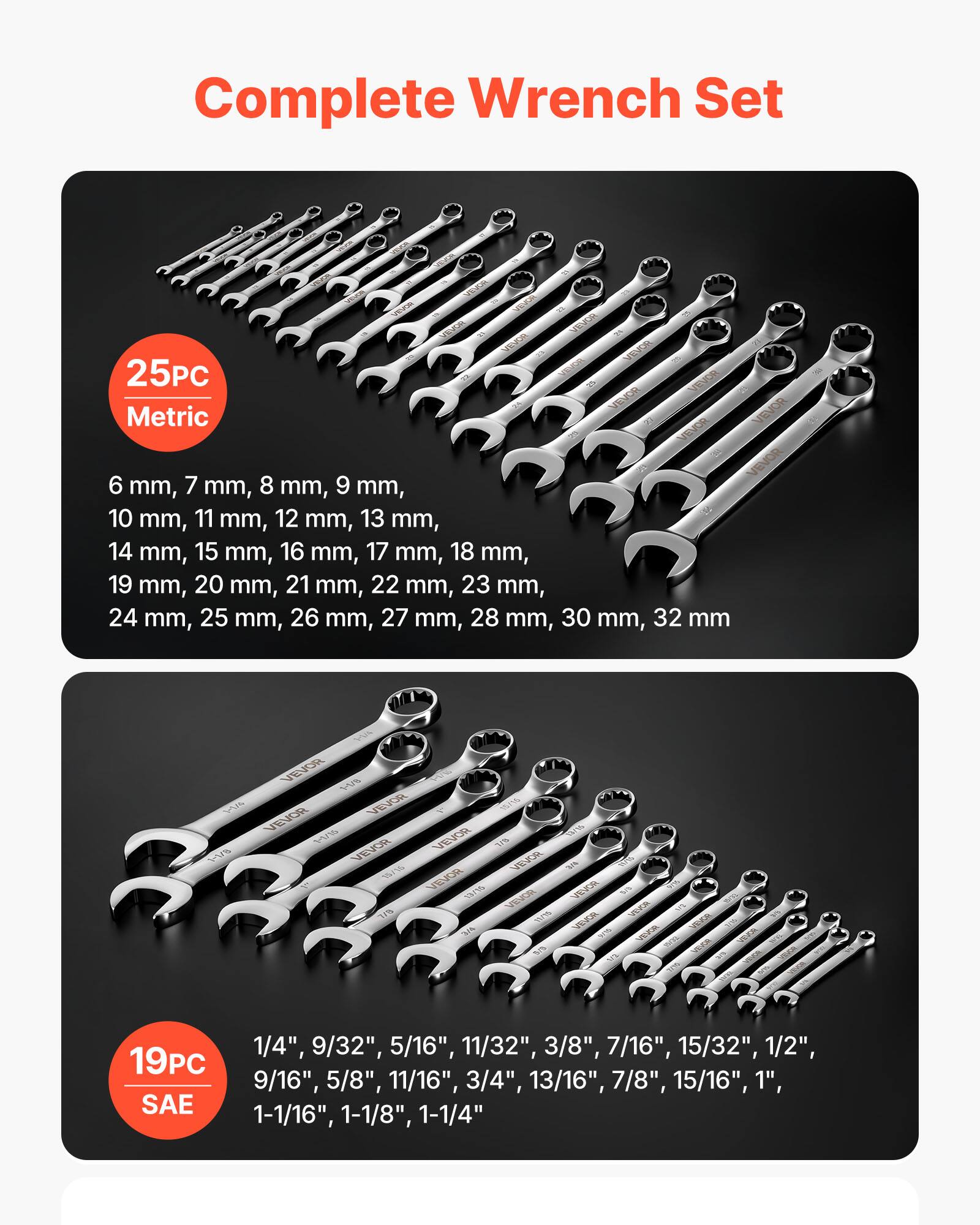 Complete Wrench Set

25PC Metric
6 mm, 7 mm, 8 mm, 9 mm, 10 mm, 11 mm, 12 mm, 13 mm, 14 mm, 15 mm, 16 mm, 17 mm, 18 mm, 19 mm, 20 mm, 21 mm, 22 mm, 23 mm, 24 mm, 25 mm, 26 mm, 27 mm, 28 mm, 30 mm, 32 mm

19PC SAE
1/4", 9/32", 5/16", 11/32", 3/8", 7/16", 15/32", 1/2", 9/16", 5/8", 11/16", 3/4", 13/16", 7/8", 15/16", 1", 1-1/16", 1-1/8", 1-1/4"