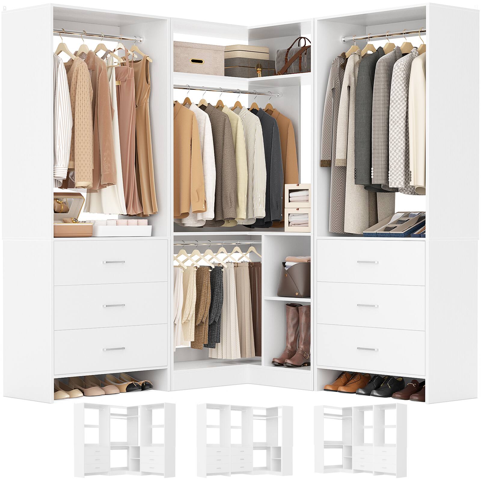 Angle. Aheaplus - 55.2'' - 80.9'' W Corner Closet Organizer System with 6 Wooden Drawers and 4 Hanging Rods - White.
