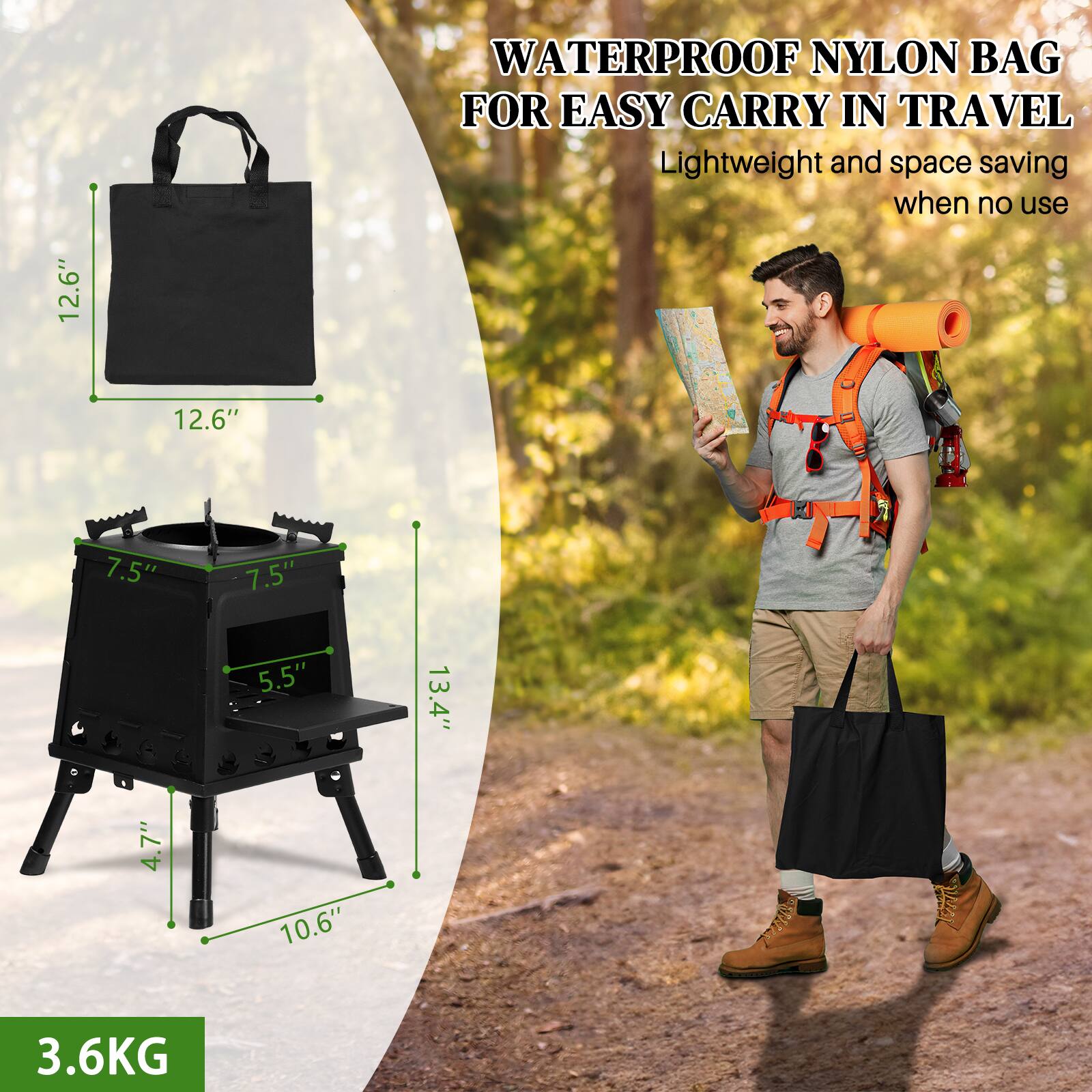 Alt View 1. Winado - Wood Burning Tent Stove, Portable, for Outdoor Camping, Outside - Black.