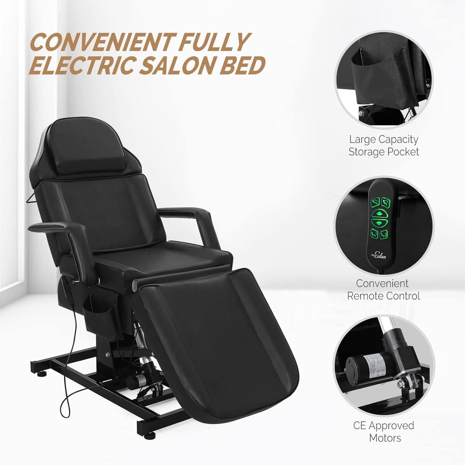 CONVENIENT FULLY ELECTRIC SALON BED

- Large Capacity Storage Pocket
- Convenient Remote Control
- CE Approved Motors
