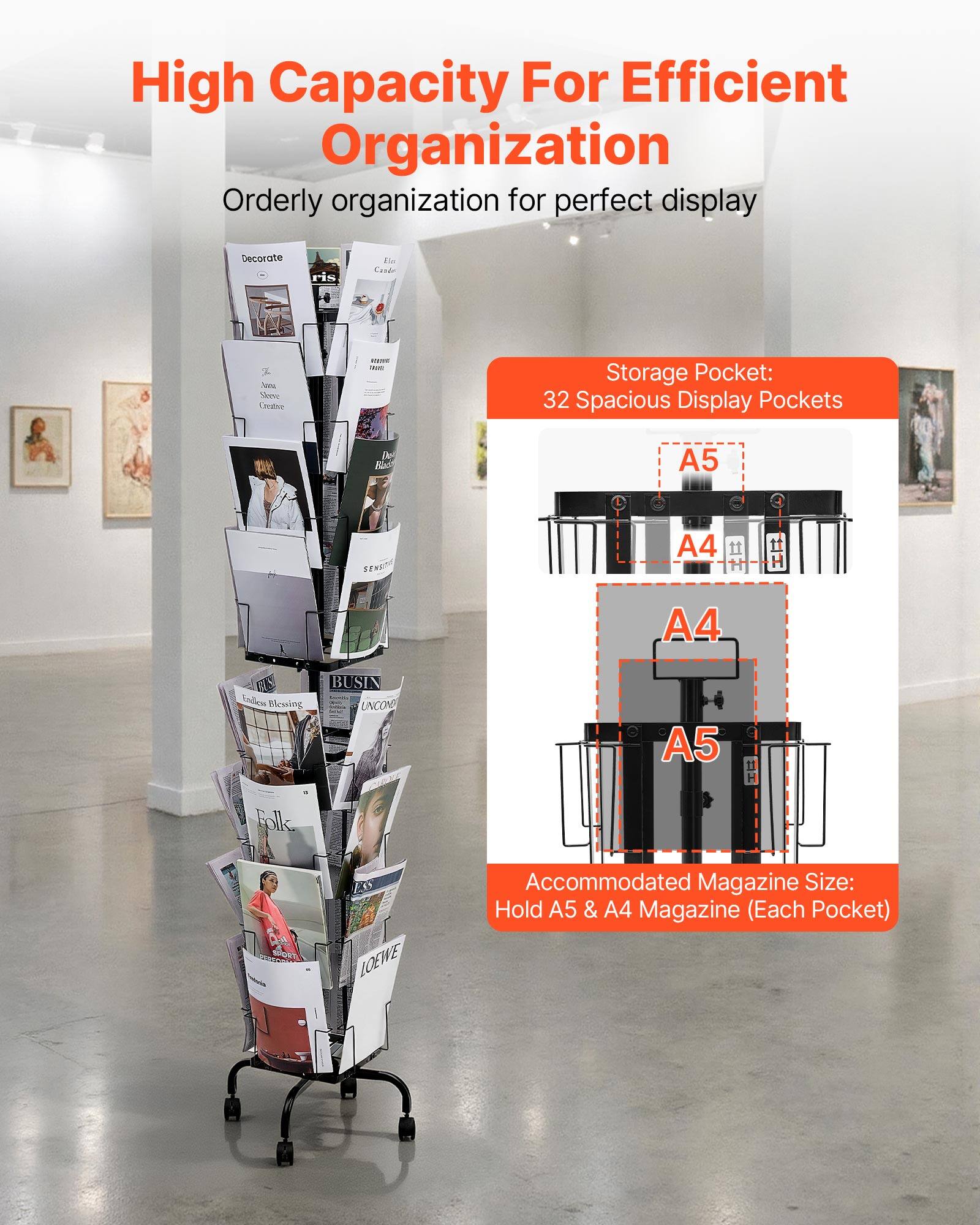 High Capacity For Efficient Organization  
Orderly organization for perfect display  

Storage Pocket:  
32 Spacious Display Pockets  

Accommodated Magazine Size:  
Hold A5 & A4 Magazine (Each Pocket)