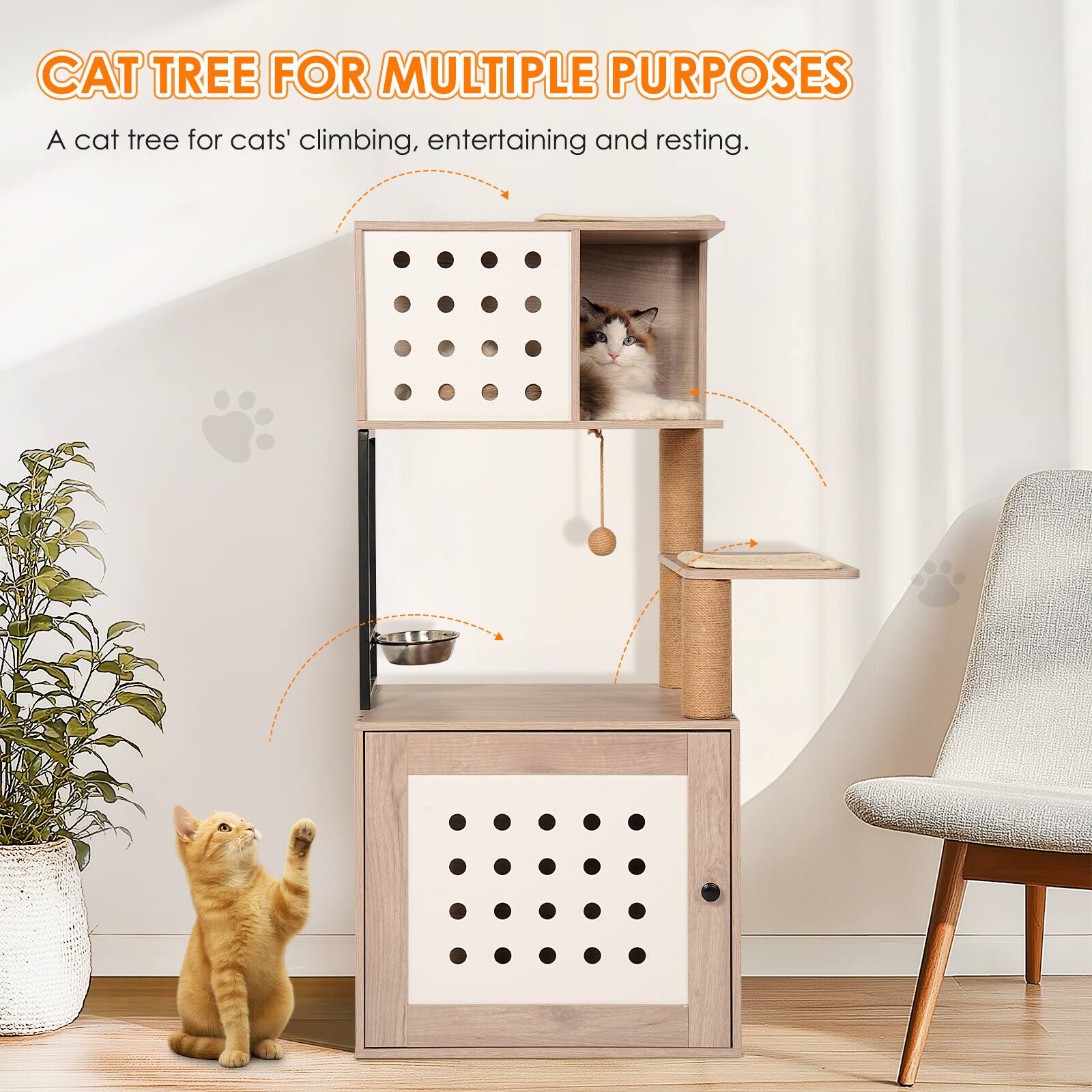 CAT TREE FOR MULTIPLE PURPOSES  
A cat tree for cats' climbing, entertaining and resting.
