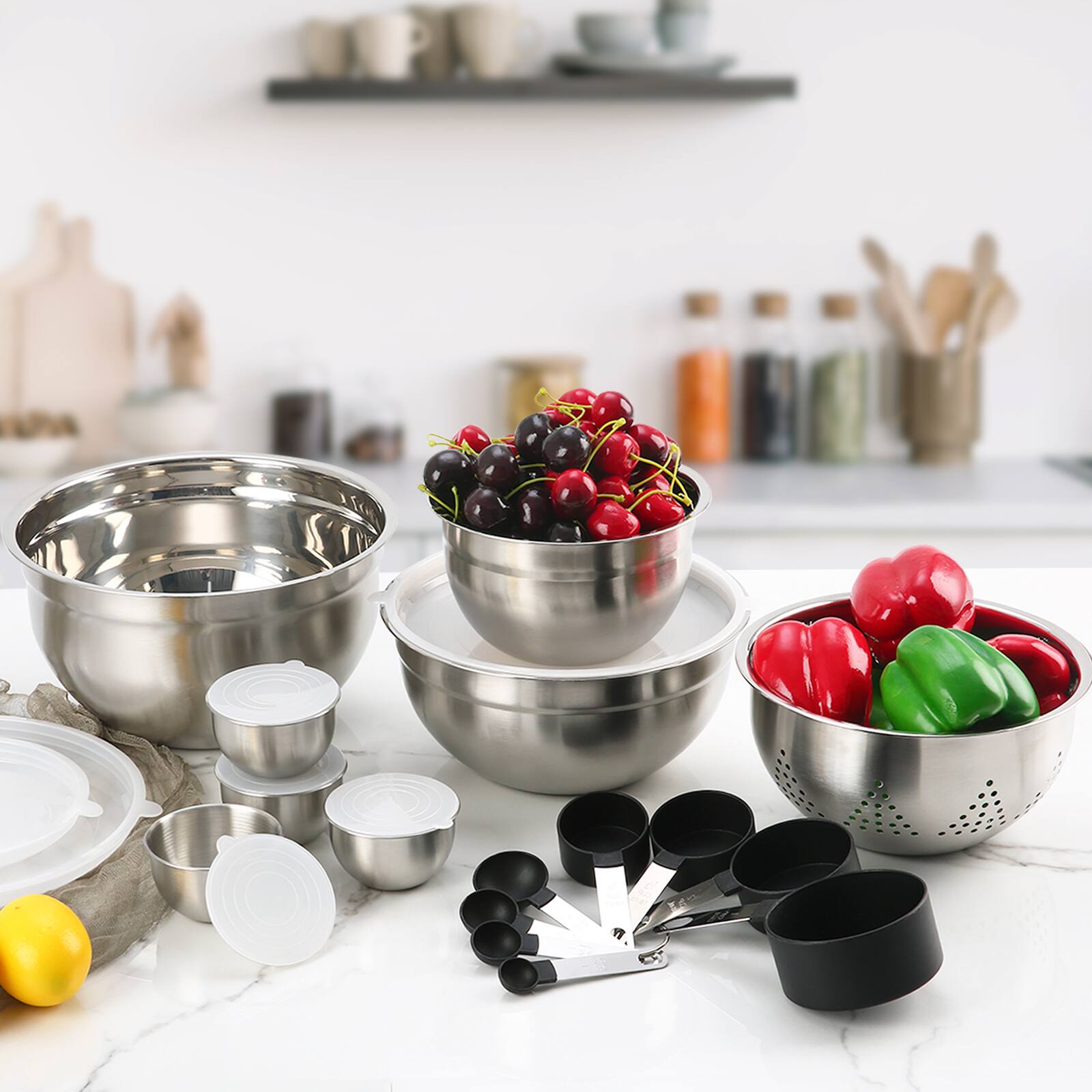 Alt View 1. KOOMADE - KOOMADE 23 Pcs Mixing Bowl Set Baking Stainless Steel Bowls Pasta with Lid Lids Egg Beating - Silver.