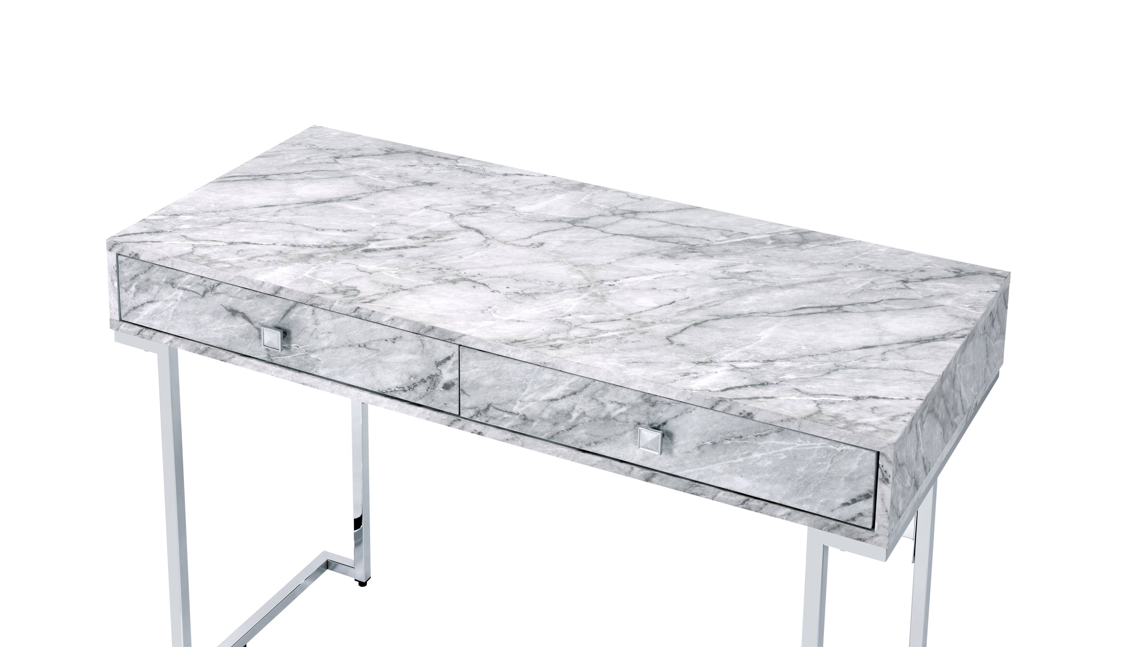 Back. TinyHomie - Tigress White Printed Faux Marble Top and Chrome Finish Writing Desk - White.