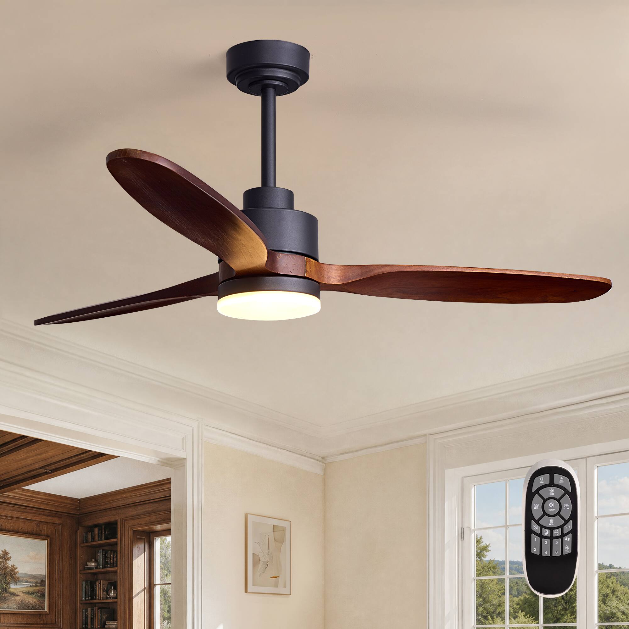Angle. Siljoy - 52 Inch Modern Ceiling Fan Light with Solid Wood Blades Adjustable Downrod Suitable for Living Room Bedroom Foyer - Brown.
