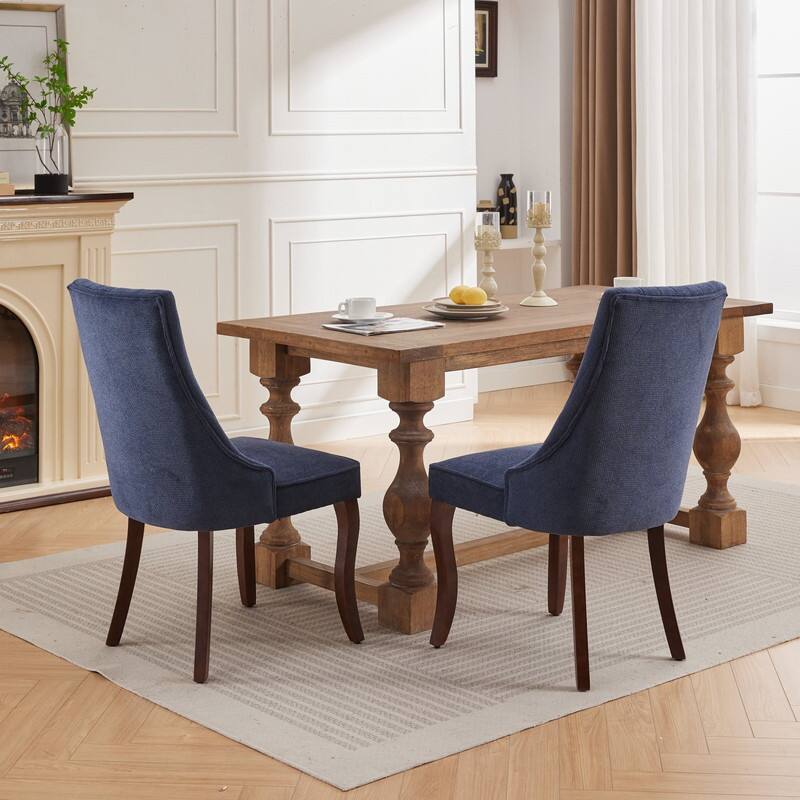 Alt View 2. HTUTWOO - Linen Dining Chairs with High Back & Curved Solid Wood Legs, Set of 2 for Dining Room, Kitchen, Home Use for Families - Blue.