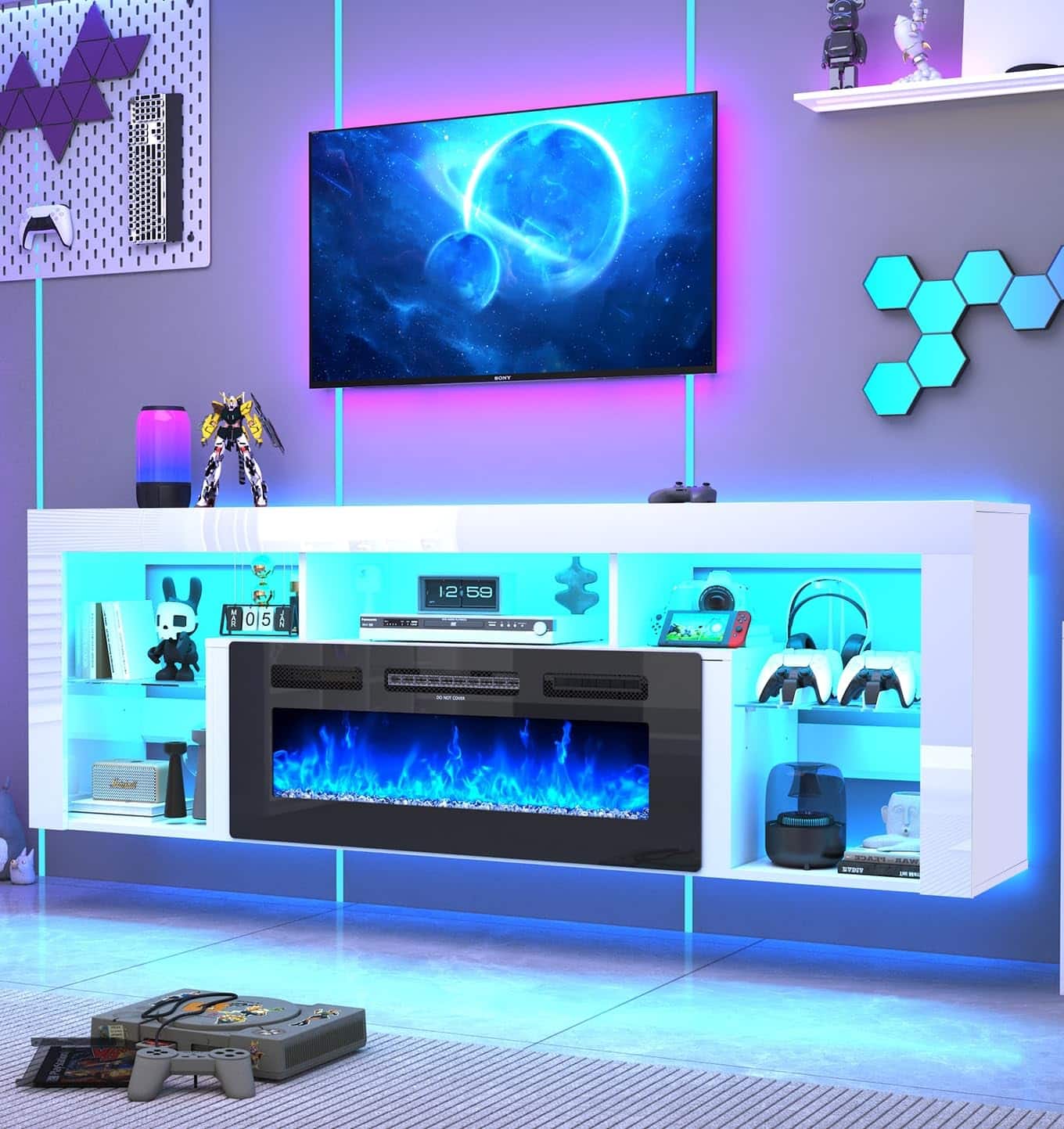 Espafurni - 71" Floating TV Stand for 85" TVs - High - Gloss, with 40" Electric Fireplace, Charging, LED & Storage - White