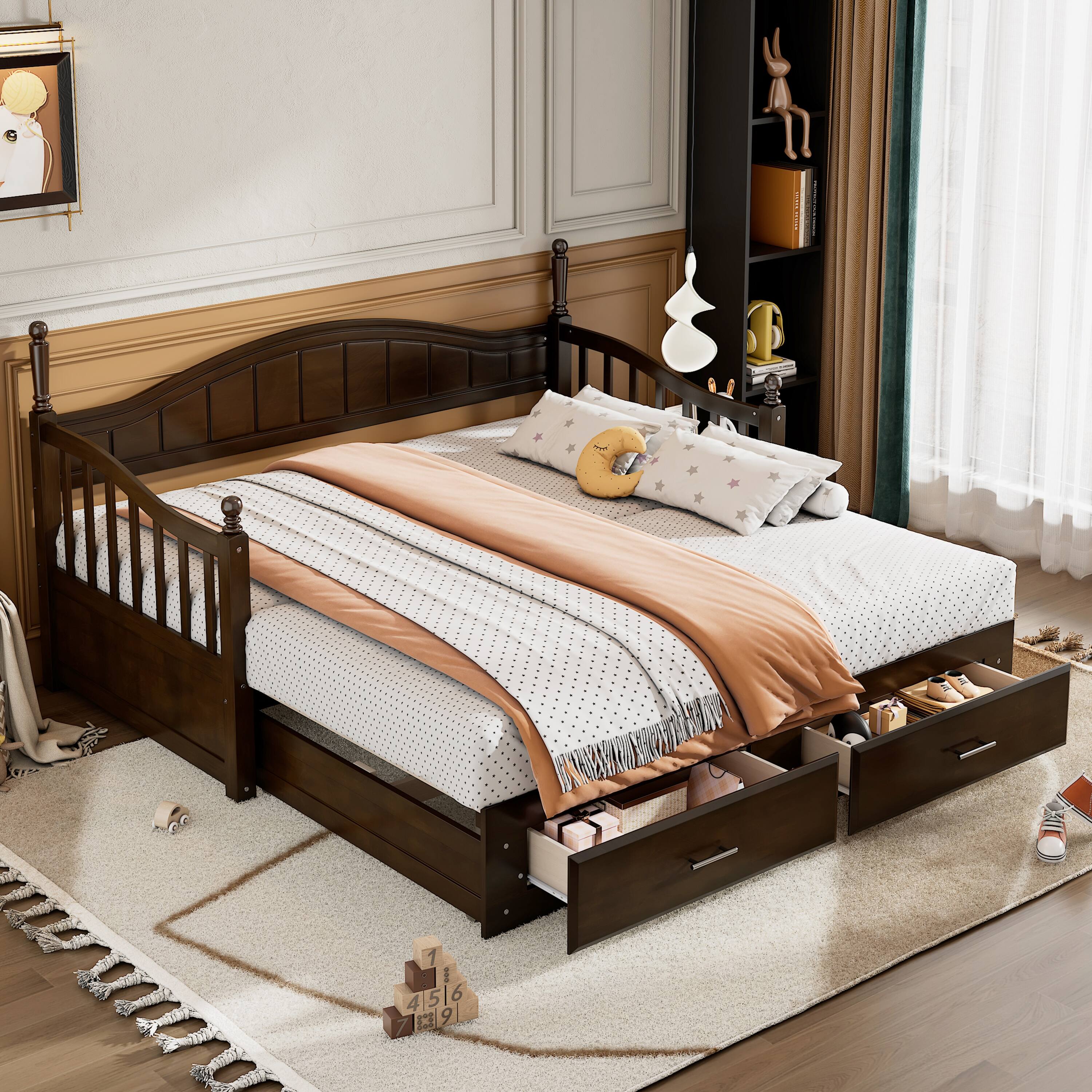 Front. Tiramisubest - Wooden Twin Size Daybed with Twin Size Trundle, Extendable Daybed with Two Storage Drawers, Espresso - Espresso.