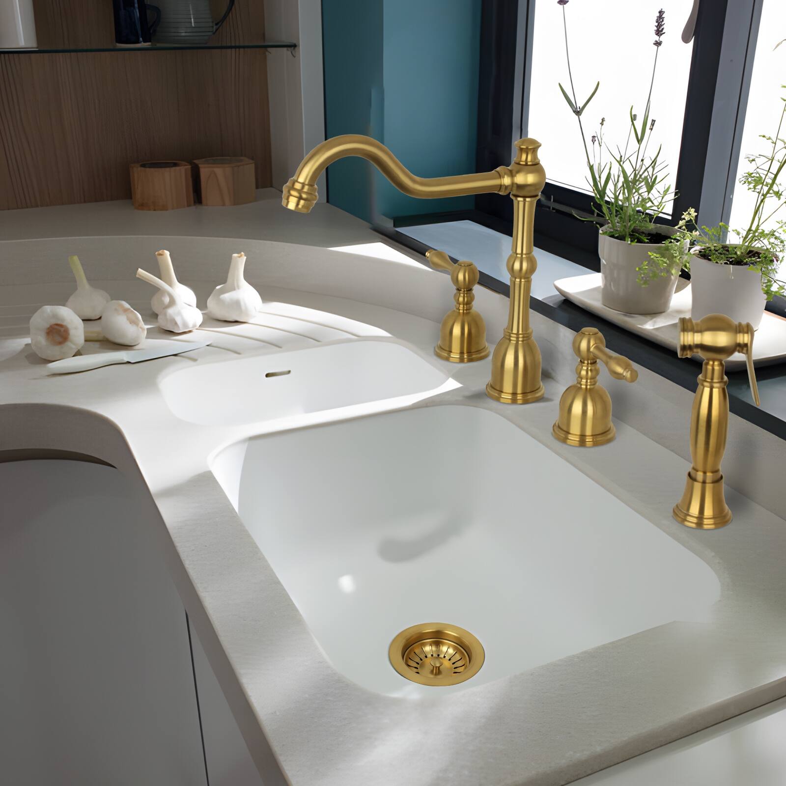 Alt View 2. Akicon - Akicon Solid Brass Kitchen Sink Strainer with Basket for 3-1/2 in. Standard Strainer Drain in Brushed Gold - Brushed Gold.