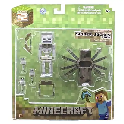 Sure, here is the corrected and grouped text from the image:
---
**SERIES #2**
**WARNING: CHOKING HAZARD - Small parts. Not for children under 3 years.**
**6+**
**OVERWORLD SPIDER JOCKEY PACK**
**FULLY ARTICULATED**
**MINECRAFT**
---
This text is organized to reflect the information as it appears on the packaging.