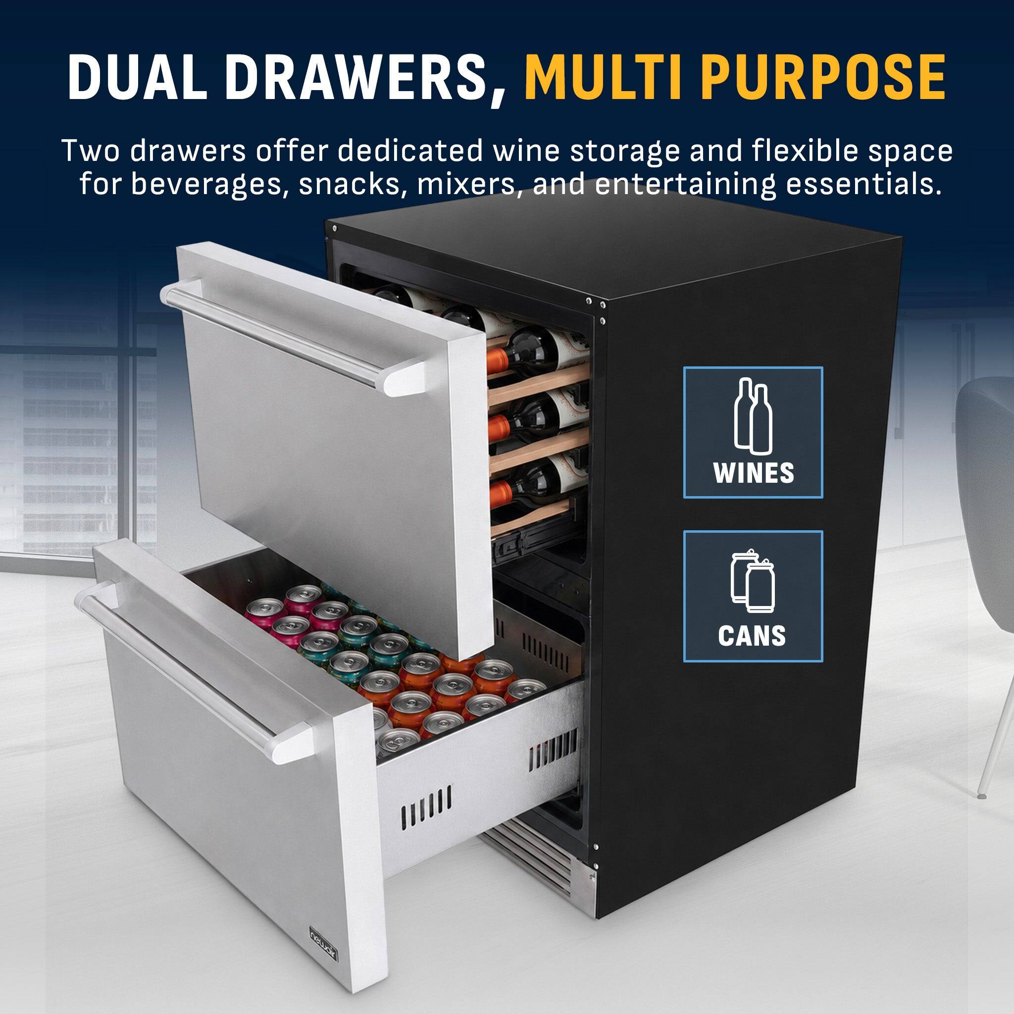 DUAL DRAWERS, MULTI PURPOSE

Two drawers offer dedicated wine storage and flexible space for beverages, snacks, mixers, and entertaining essentials.

WINES
CANS