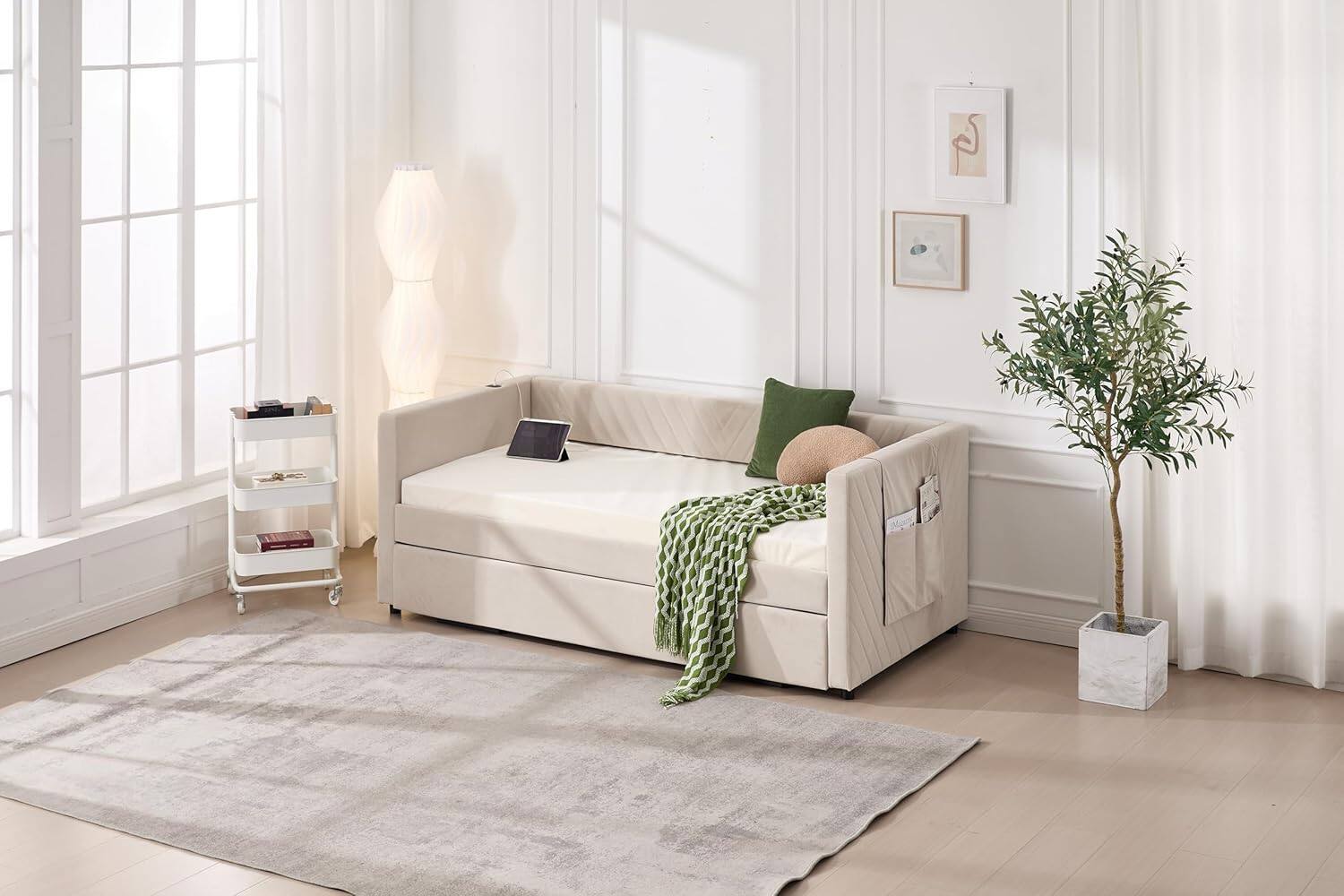 Alt View 5. Trinkets Crazed - Twin Daybed with Pop Up Trundle, Velvet Upholstered Extendable Daybed with USB Ports & Pockets - beige.