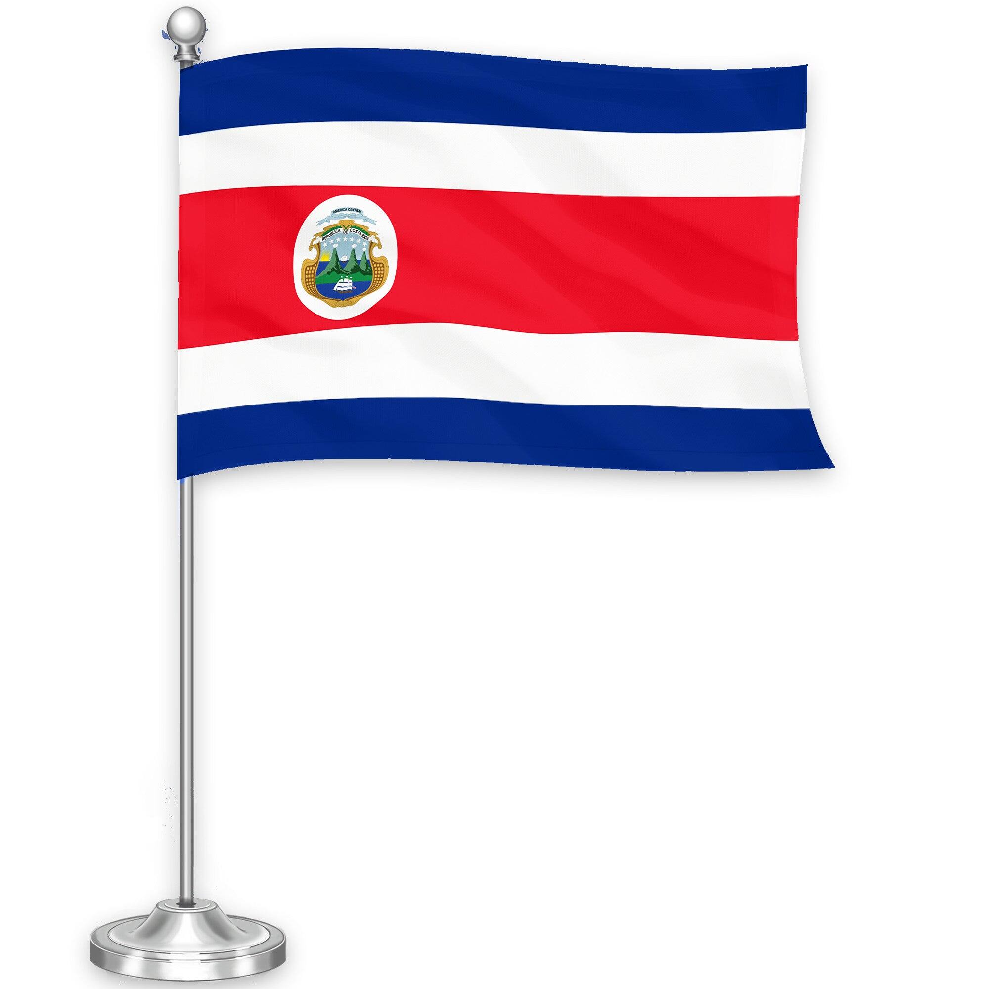 G128 - Costa Rica Desk Flag Set, 8.5 x 5.5 in Flag with 15 in Metal Pole and Base - Assorted Colors
