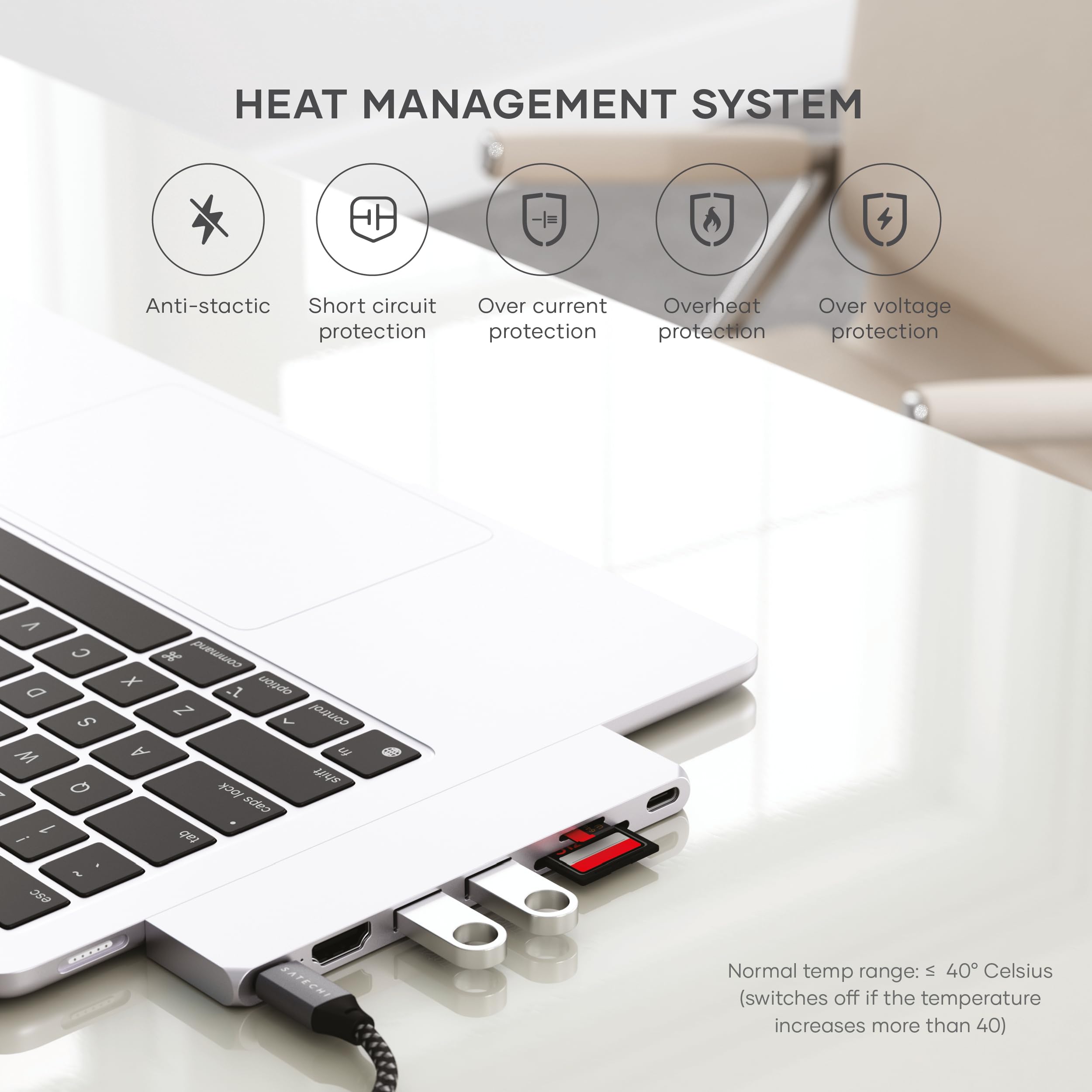 HEAT MANAGEMENT SYSTEM

- Anti-static
- Short circuit protection
- Over current protection
- Overheat protection
- Over voltage protection

Normal temp range: ≤ 40° Celsius (switches off if the temperature increases more than 40)