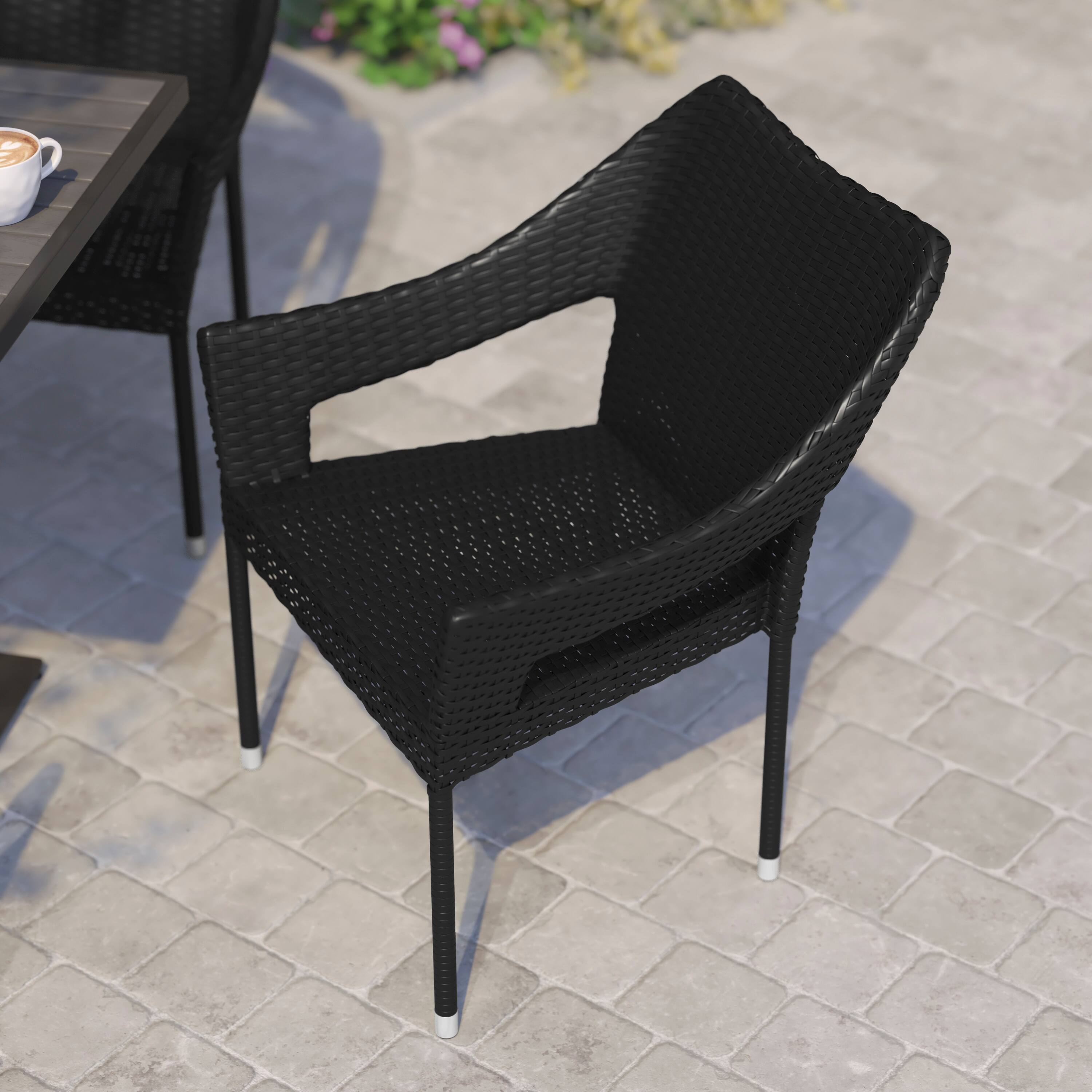 Alt View 3. Flash Furniture - Ethan Commercial Grade Stacking Patio Chair, All Weather PE Rattan Wicker Patio Dining Chair in Black - Black.