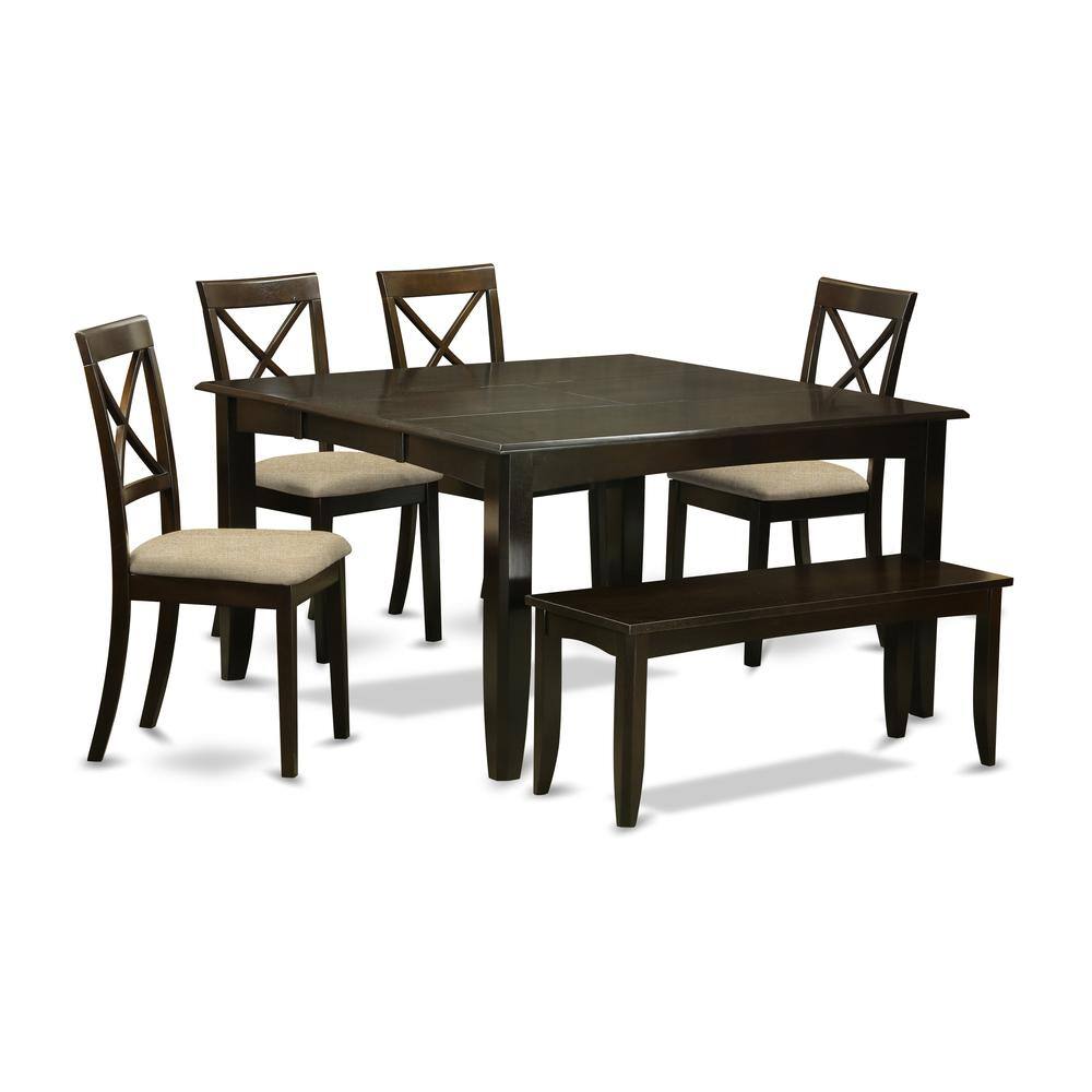 Back. East West Furniture - PFBO6-CAP-C 6 Pc Dining set-Table with Leaf and 4 Dinette Chairs plus on Bench - Cappuccino.