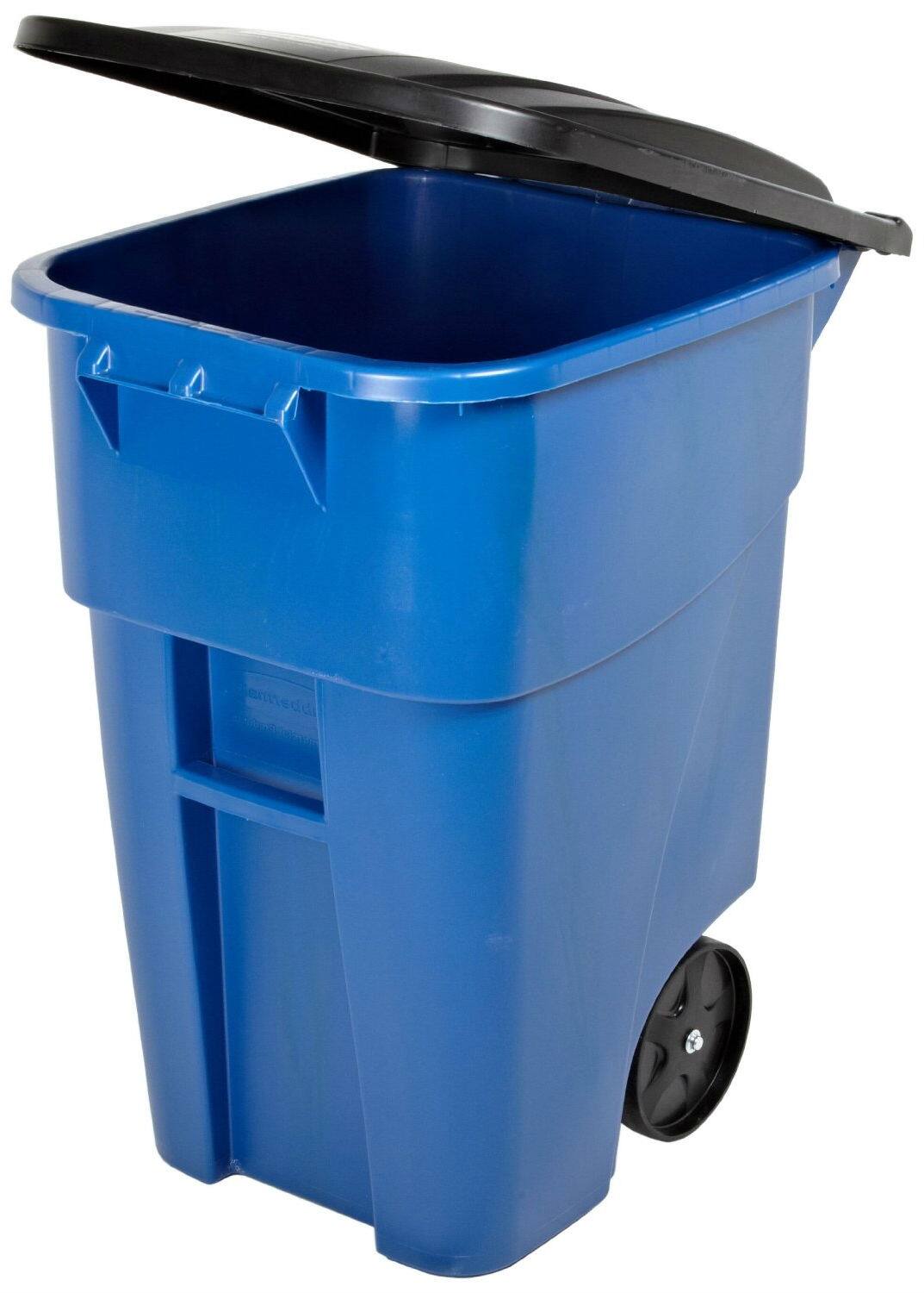Angle. Hivvago - 50 Gallon Blue Commercial Heavy-Duty Rollout Trash Can Waste/Utility Container - Blue, Black.