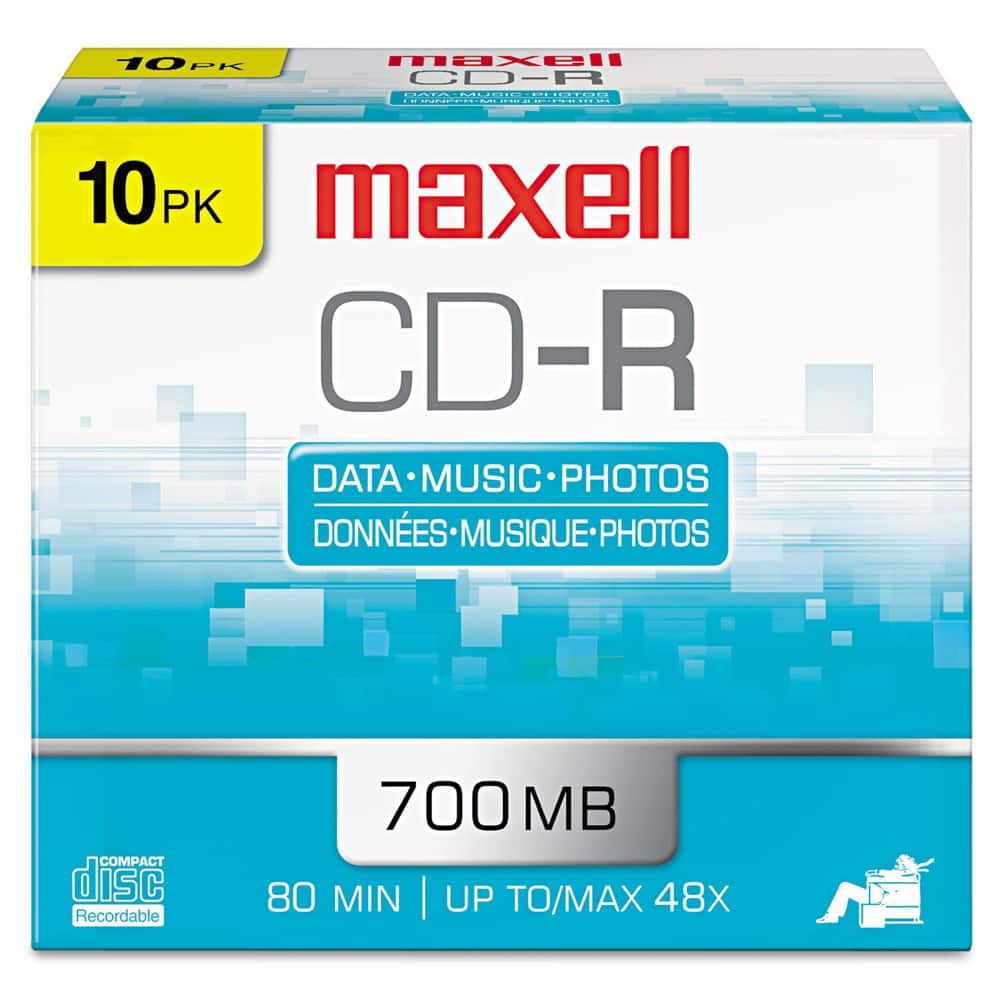 Maxell - 648210 700 MB/80 min. 48x Slim Jewel Case CD-R Recordable Disc - (10/Pack) - Silver