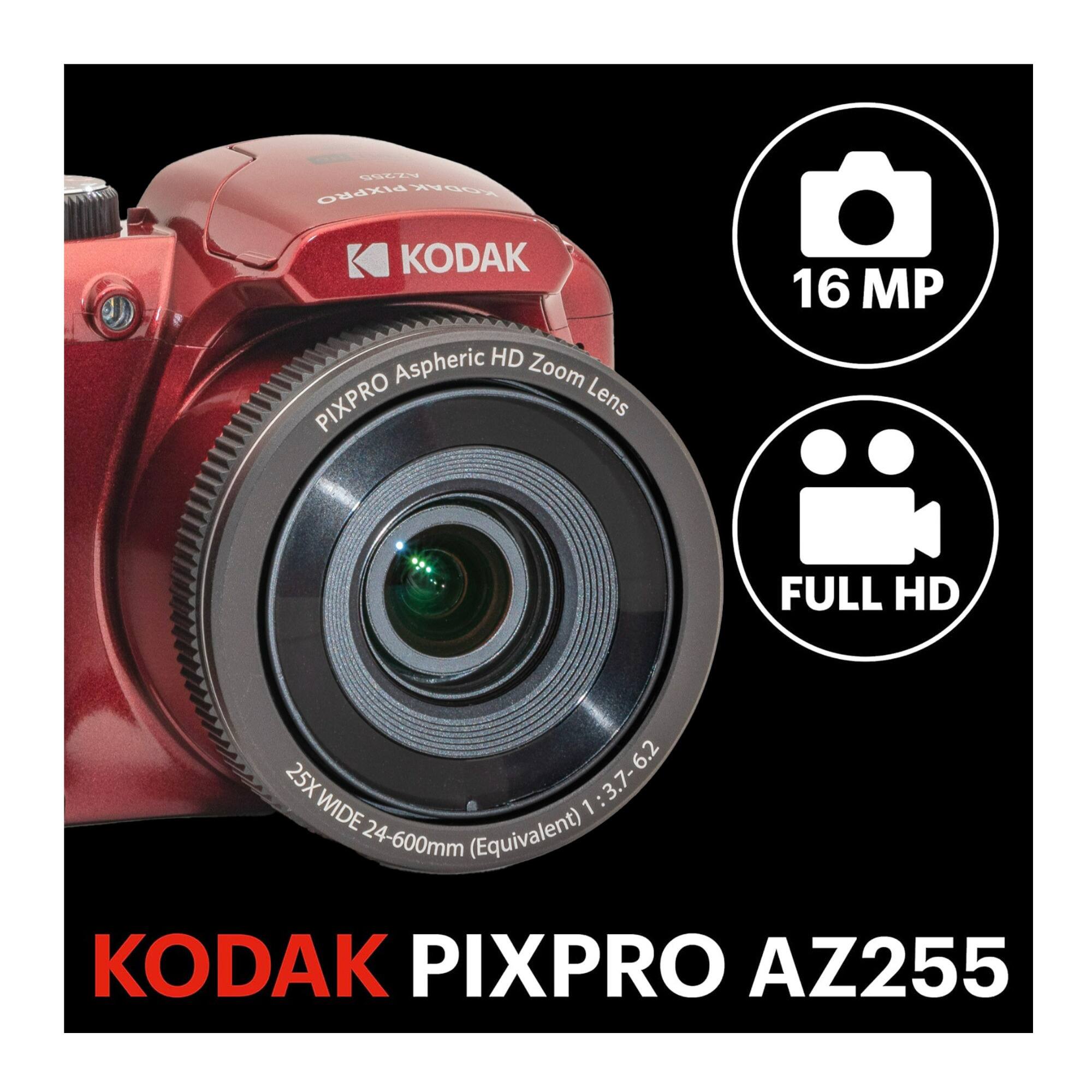 Kodak Pixpro AZ255 is a camera that features an aspheric HD zoom lens with 16 MP full HD capabilities. It has a 6.2 25X wide lens, equivalent to 24-600mm, and is designed by Kodak.