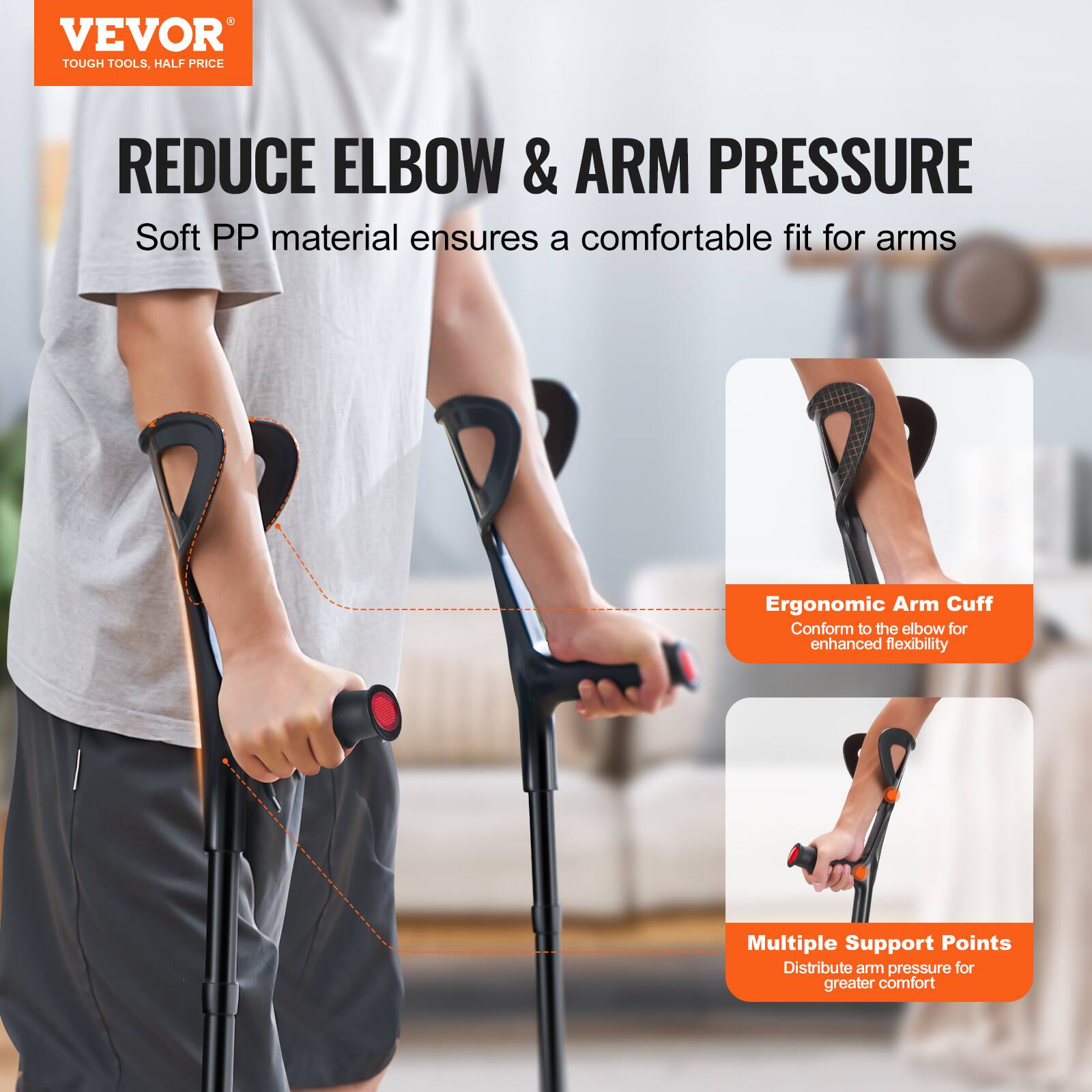 VEVOR  
TOUGH TOOLS, HALF PRICE  

REDUCE ELBOW & ARM PRESSURE  

Soft PP material ensures a comfortable fit for arms  

Ergonomic Arm Cuff  
Conform to the elbow for enhanced flexibility  

Multiple Support Points  
Distribute arm pressure for greater comfort