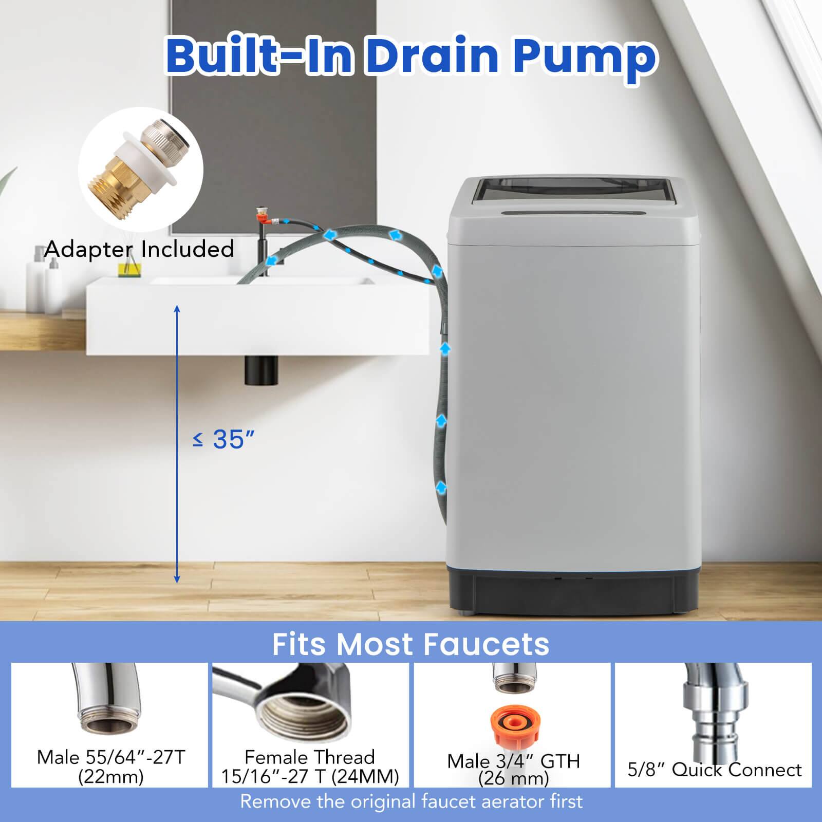 Built-In Drain Pump
Adapter Included
≤ 35"
Fits Most Faucets
Male 55/64" -27T (22mm)
Female Thread 15/16" -27T (24MM)
Male 3/4" GTH (26 mm)
5/8" Quick Connect
Remove the original faucet aerator first