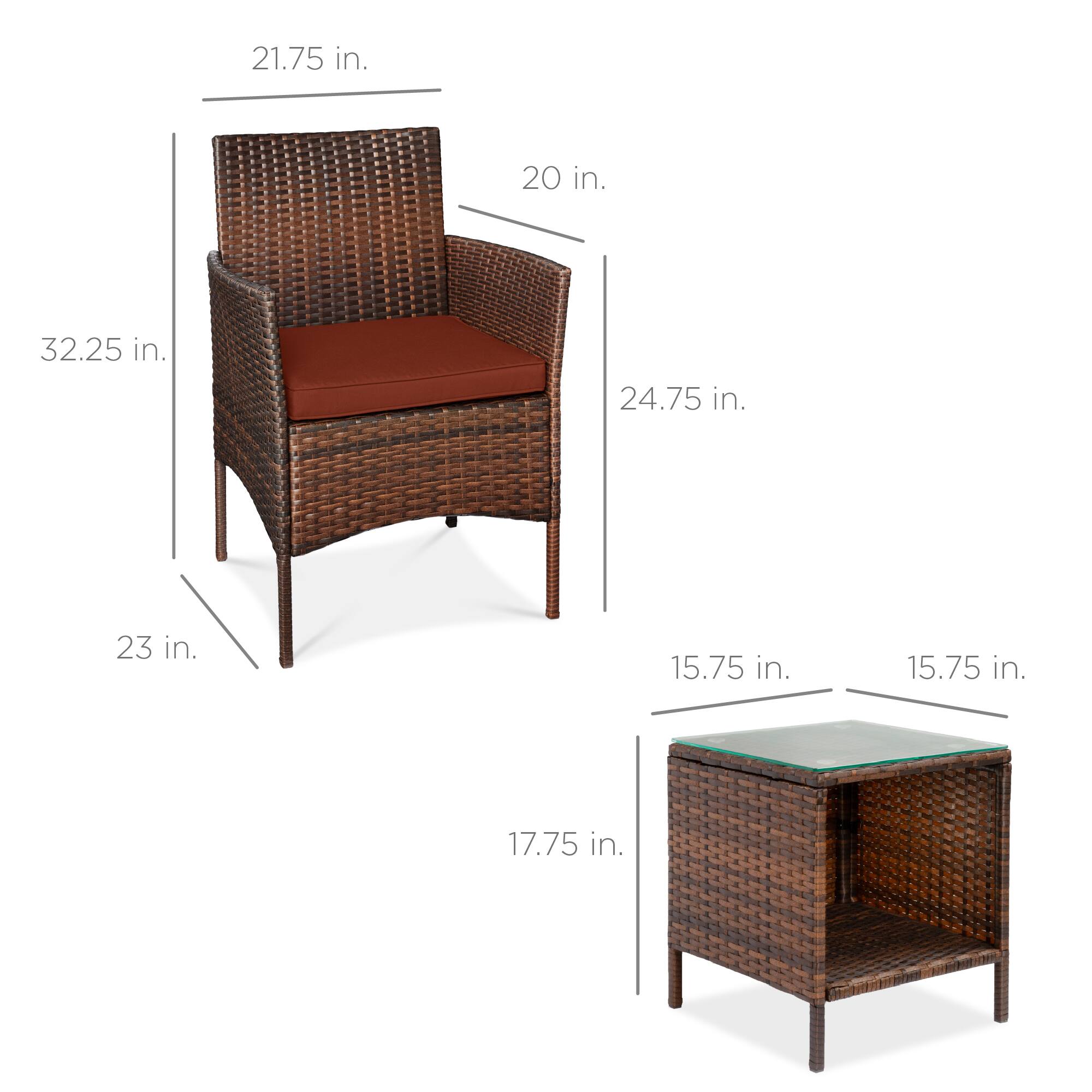 - Chair:
  - Height: 32.25 in.
  - Width: 21.75 in.
  - Depth: 24.75 in.
  - Seat Height: 17.75 in.
  - Seat Depth: 20 in.
  - Armrest Height: 23 in.

- Table:
  - Height: 15.75 in.
  - Width: 15.75 in.
  - Depth: 15.75 in.