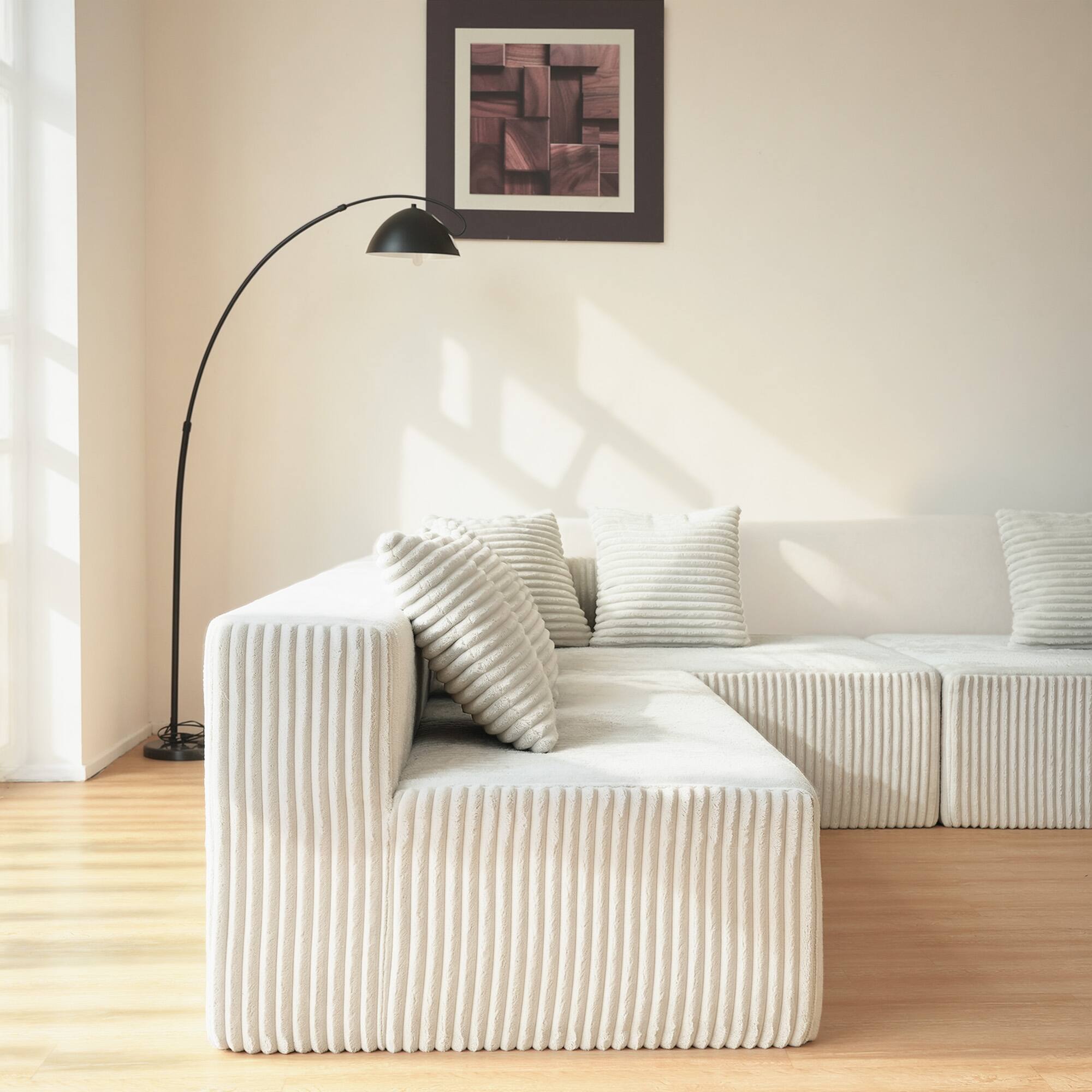 Alt View 4. Meqiodas - 130" Boneless Couch, Cloud Couch Sectional, Corduroy Sofa for Living Room, U Shaped Modular Sofa, No Assembly - Beige.