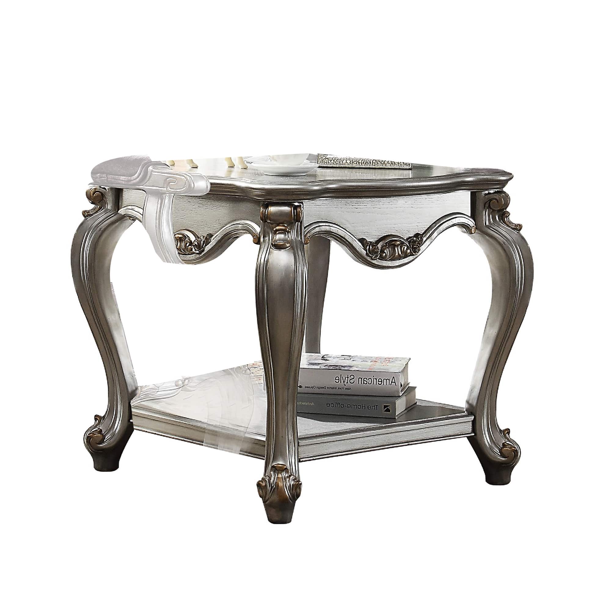 Manhattan Lane - Square Wooden End Table with Scalloped Polyresin Carvings and Bottom Shelf - Silver