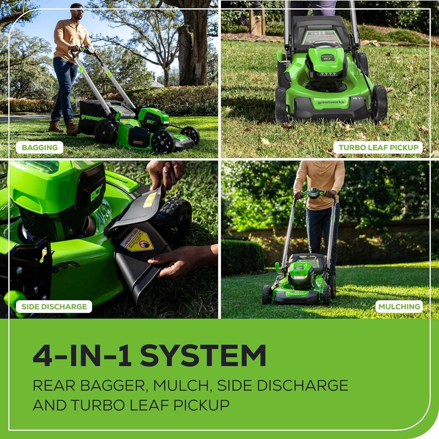 LA greenworks greenworld RC BAGGING TURBO LEAF PICKUP BOY SIDE DISCHARGE MULCHING 4-IN-1 SYSTEM REAR BAGGER, MULCH, SIDE DISCHARGE AND TURBO LEAF PICKUP

4-IN-1 SYSTEM  
REAR BAGGER, MULCH, SIDE DISCHARGE AND TURBO LEAF PICKUP