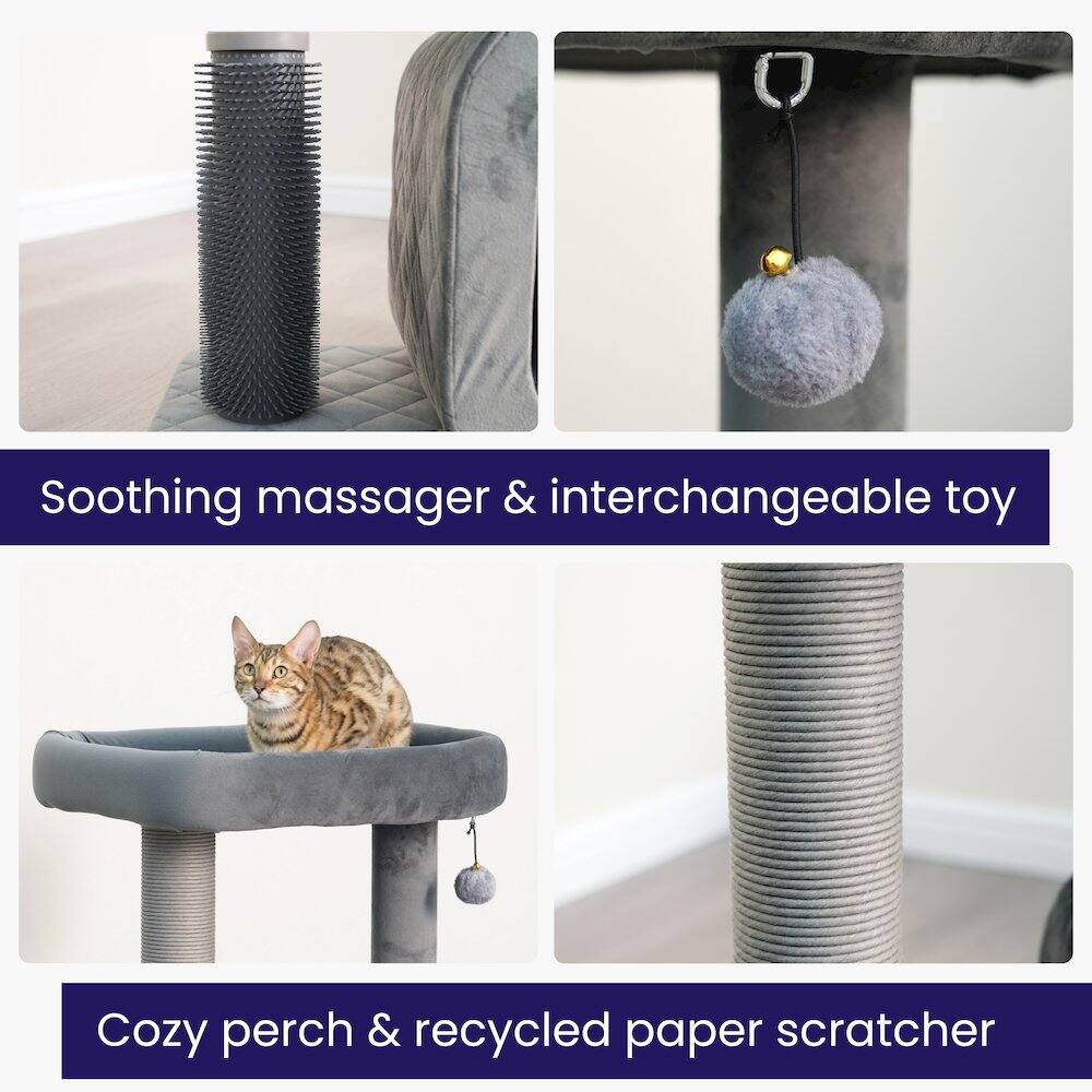 Soothing massager & interchangeable toy  
Cozy perch & recycled paper scratcher