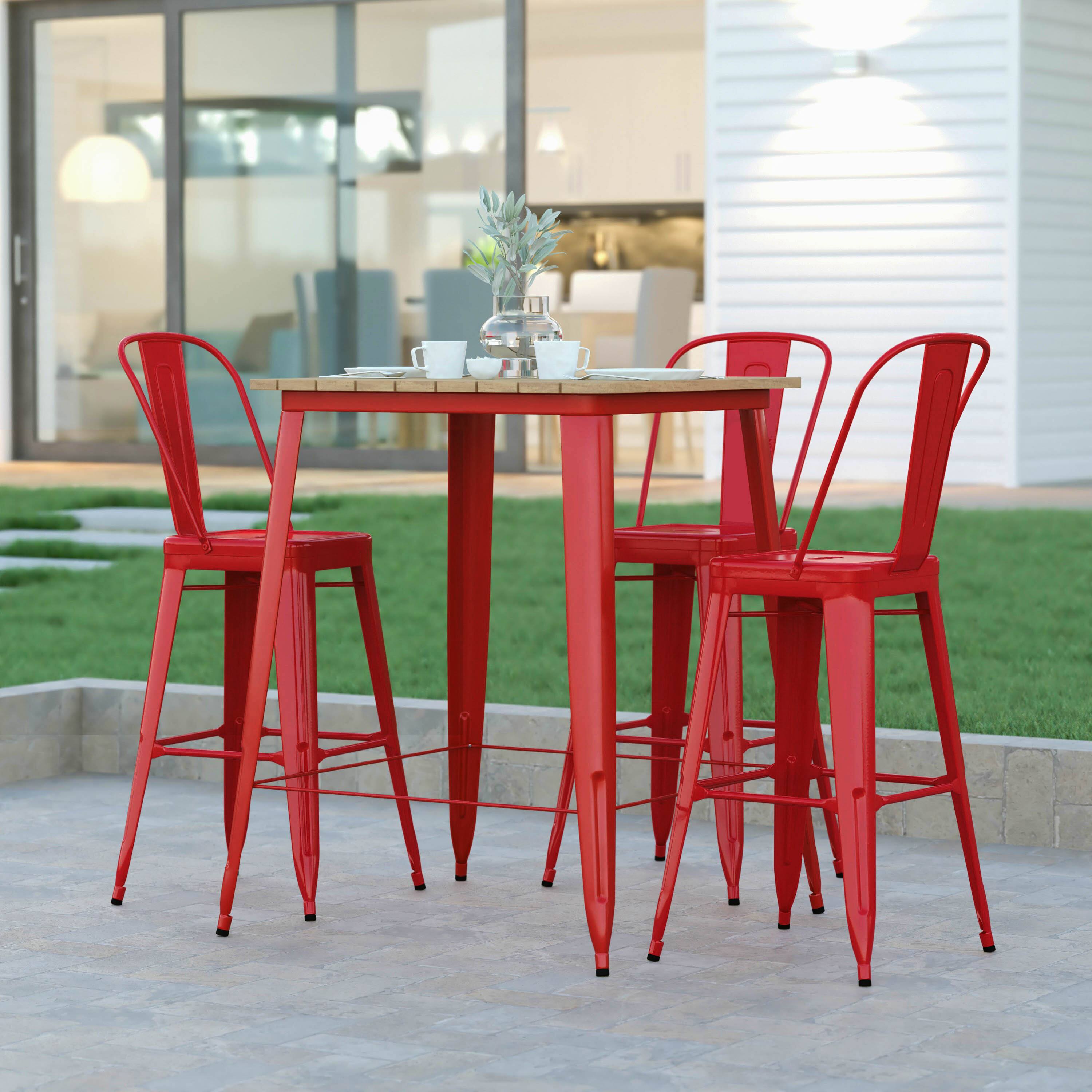 Alt View 1. Emma + Oliver - Drew Indoor/Outdoor Bar Top Table, 31.5" Square All Weather Poly Resin Top with Steel base - Brown Top/Red Frame.