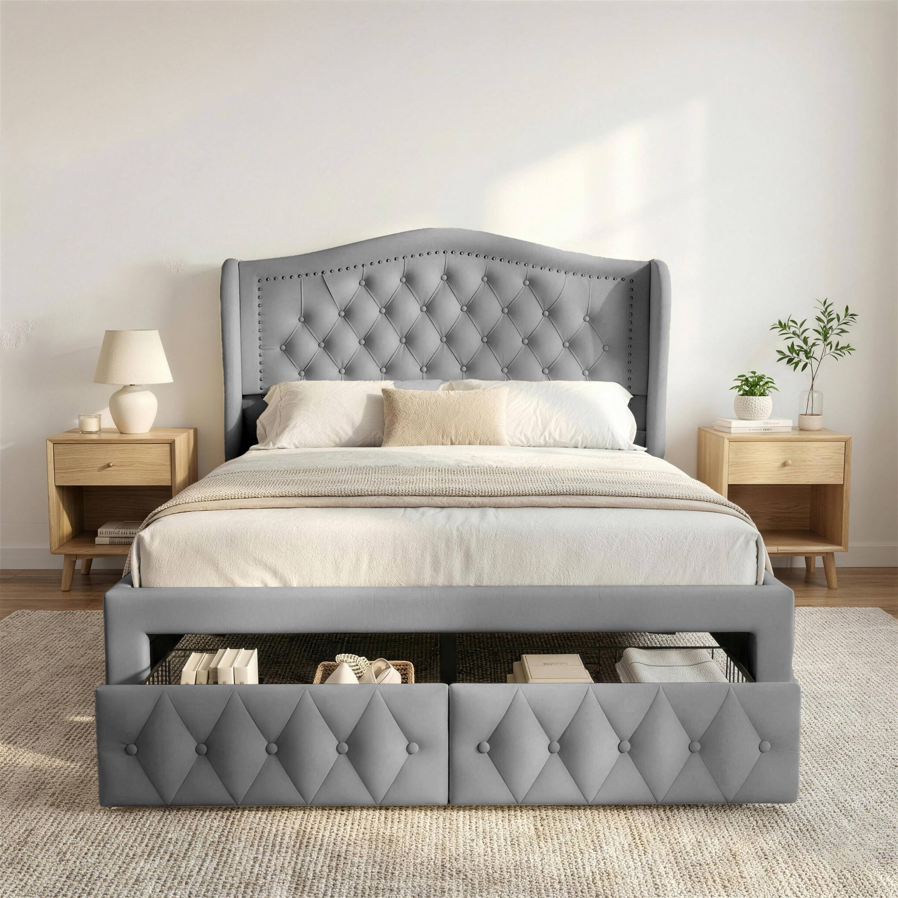 Angle. Vipbear - Queen Upholstered Platform Bed Frame with 2 Storage Drawers & 52.6" Tall Headboard, No Box Spring Needed - gray.