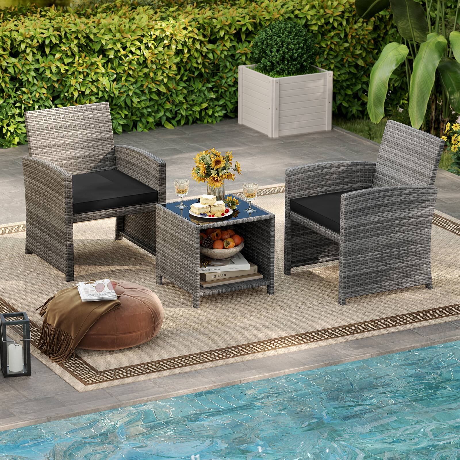 Gymax - 3 Pieces Patio Furniture Set PE Rattan Chairs Set w/ Storage Coffee Table - Black price history on PriceWatchPro