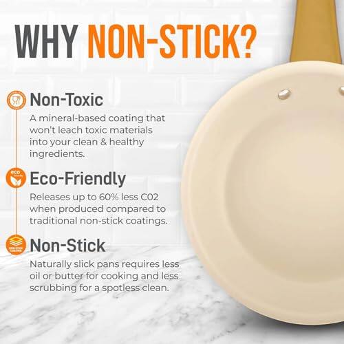 WHY NON-STICK?

Non-Toxic  
A mineral-based coating that won't leach toxic materials into your clean & healthy ingredients.

Eco-Friendly  
Releases up to 60% less CO2 when produced compared to traditional non-stick coatings.

Non-Stick  
Naturally slick pans require less oil or butter for cooking and less scrubbing for a spotless clean.